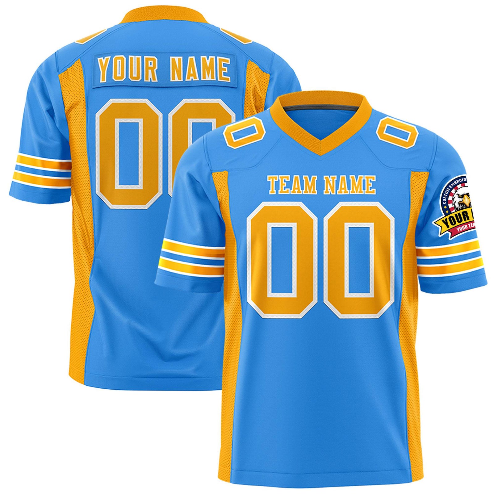 Custom Powder Blue-Gold Mesh Drift Fashion Football Jersey