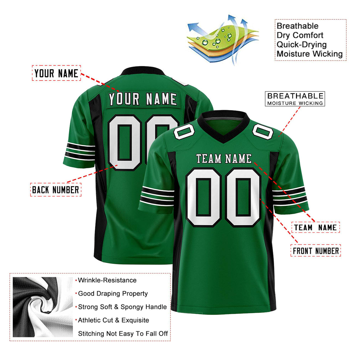 Custom Kelly Green-Black Mesh Drift Fashion Football Jersey