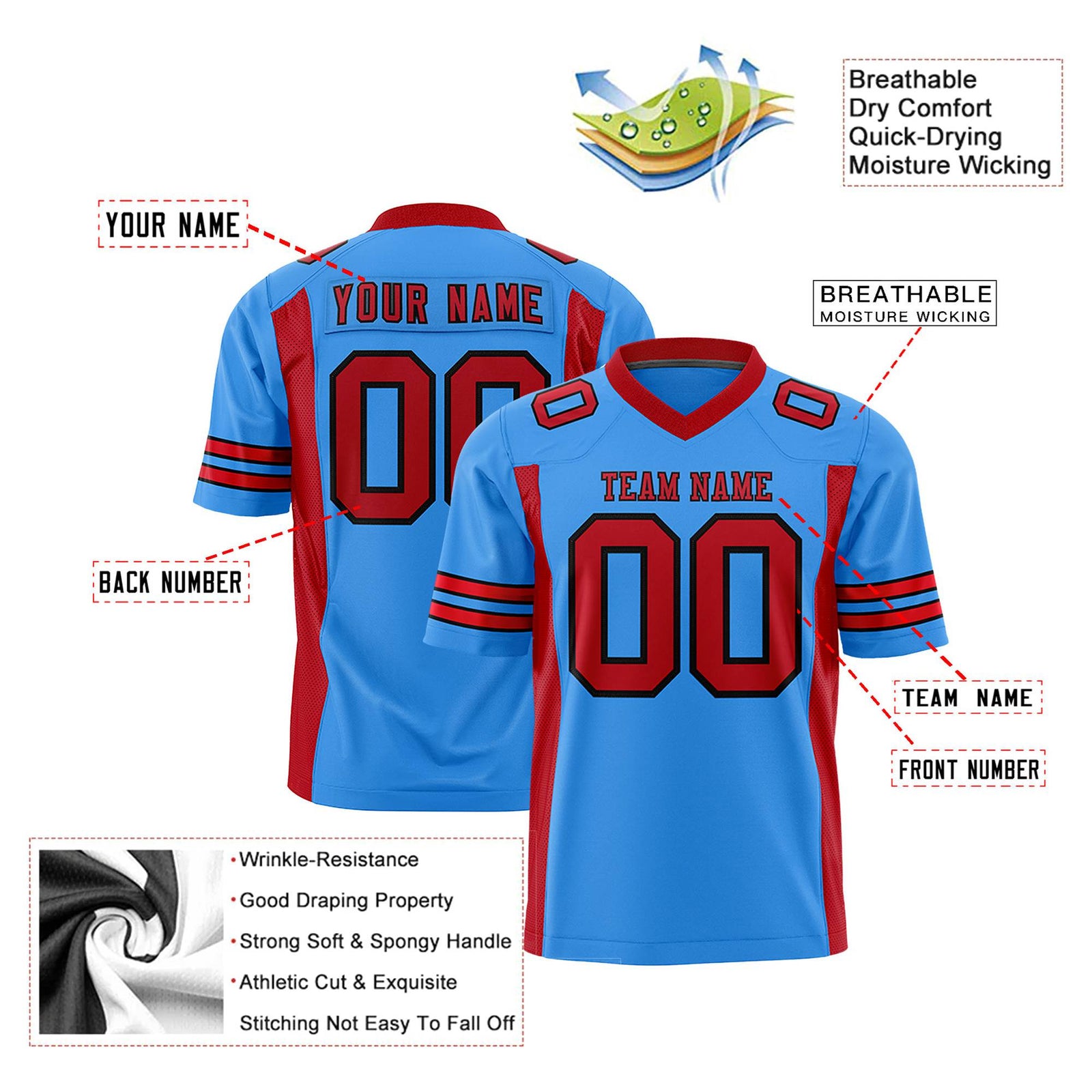 Custom Powder Blue Red Mesh Drift Fashion Football Jersey