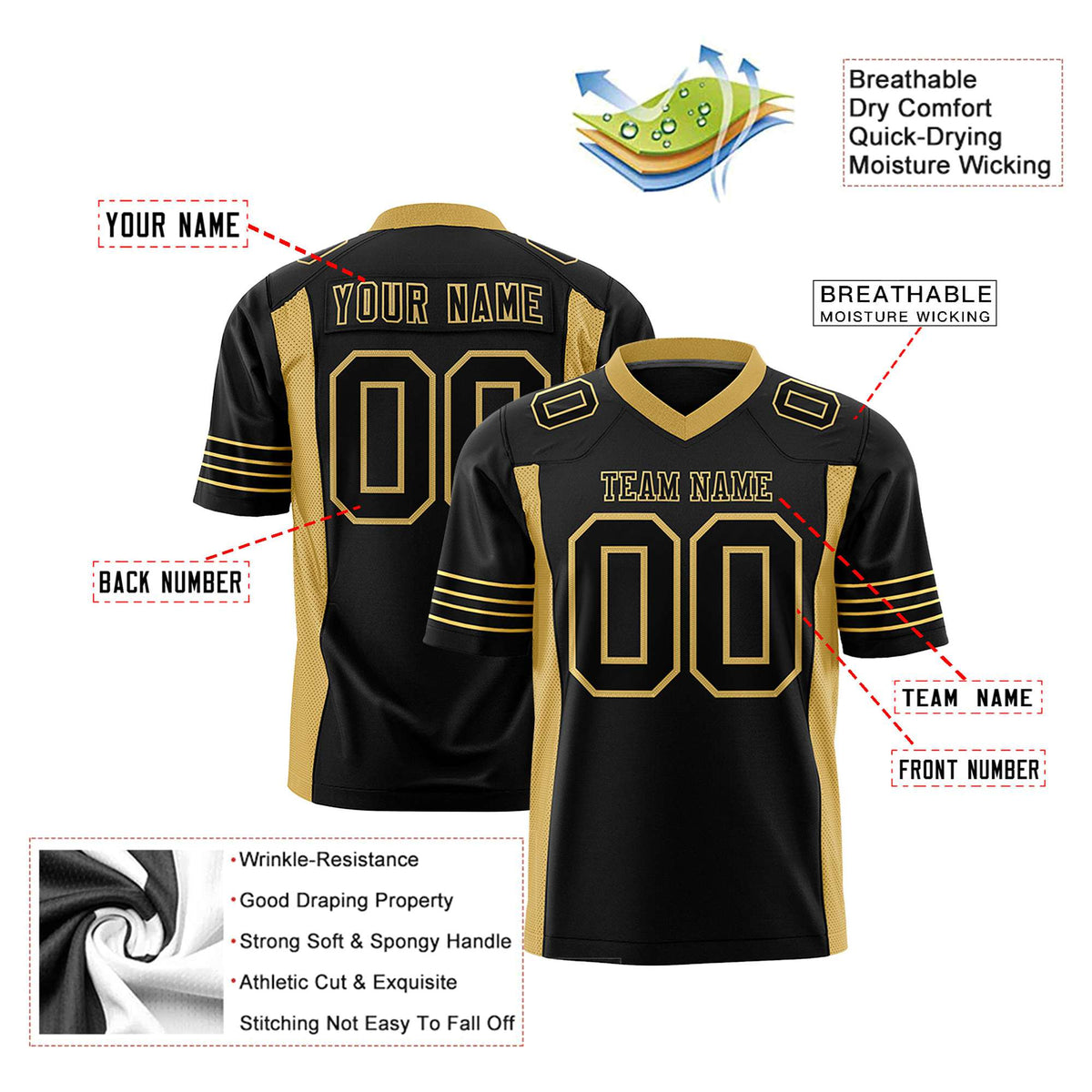 Custom Black Old-Gold Mesh Drift Fashion Football Jersey