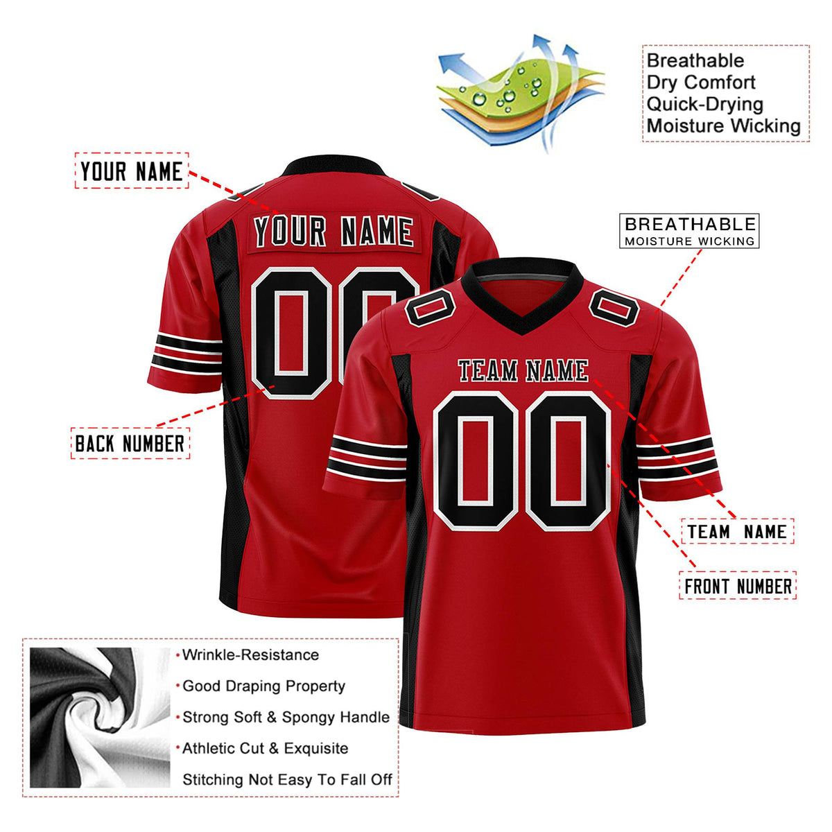 Custom Red Black Mesh Drift Fashion Football Jersey