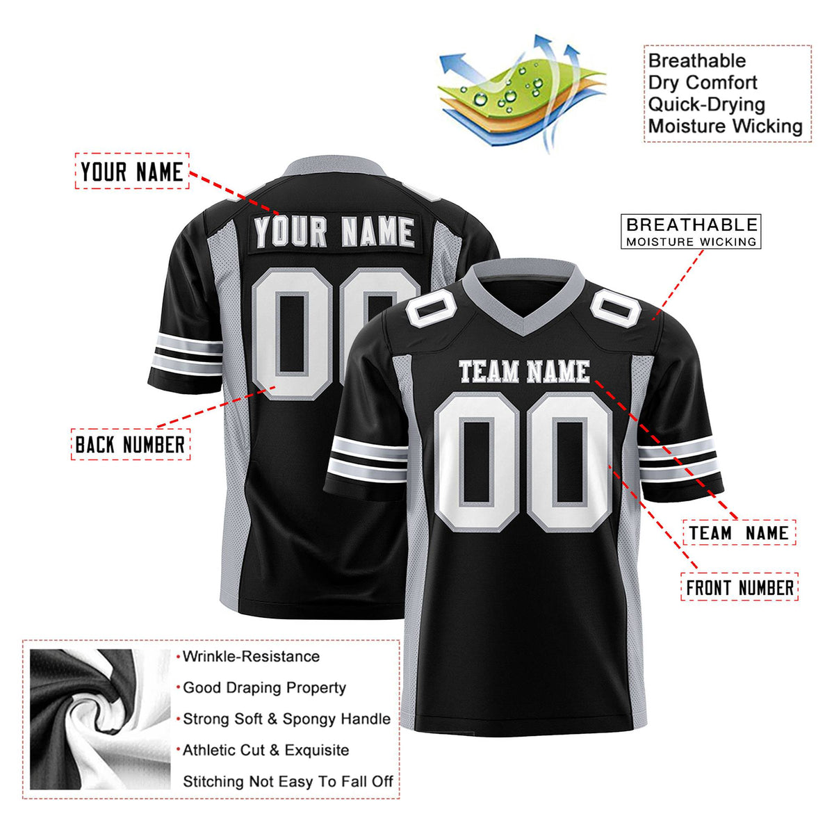 Custom Black Gray Mesh Drift Fashion Football Jersey