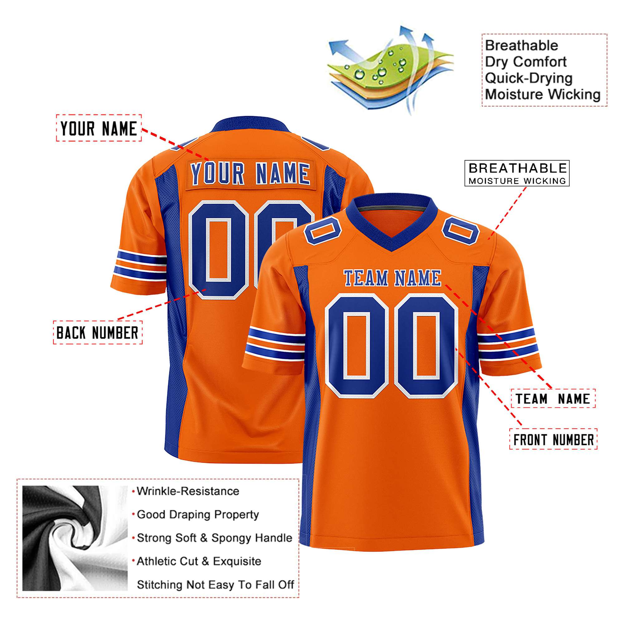 Custom Orange Royal Blue Mesh Drift Fashion Football Jersey