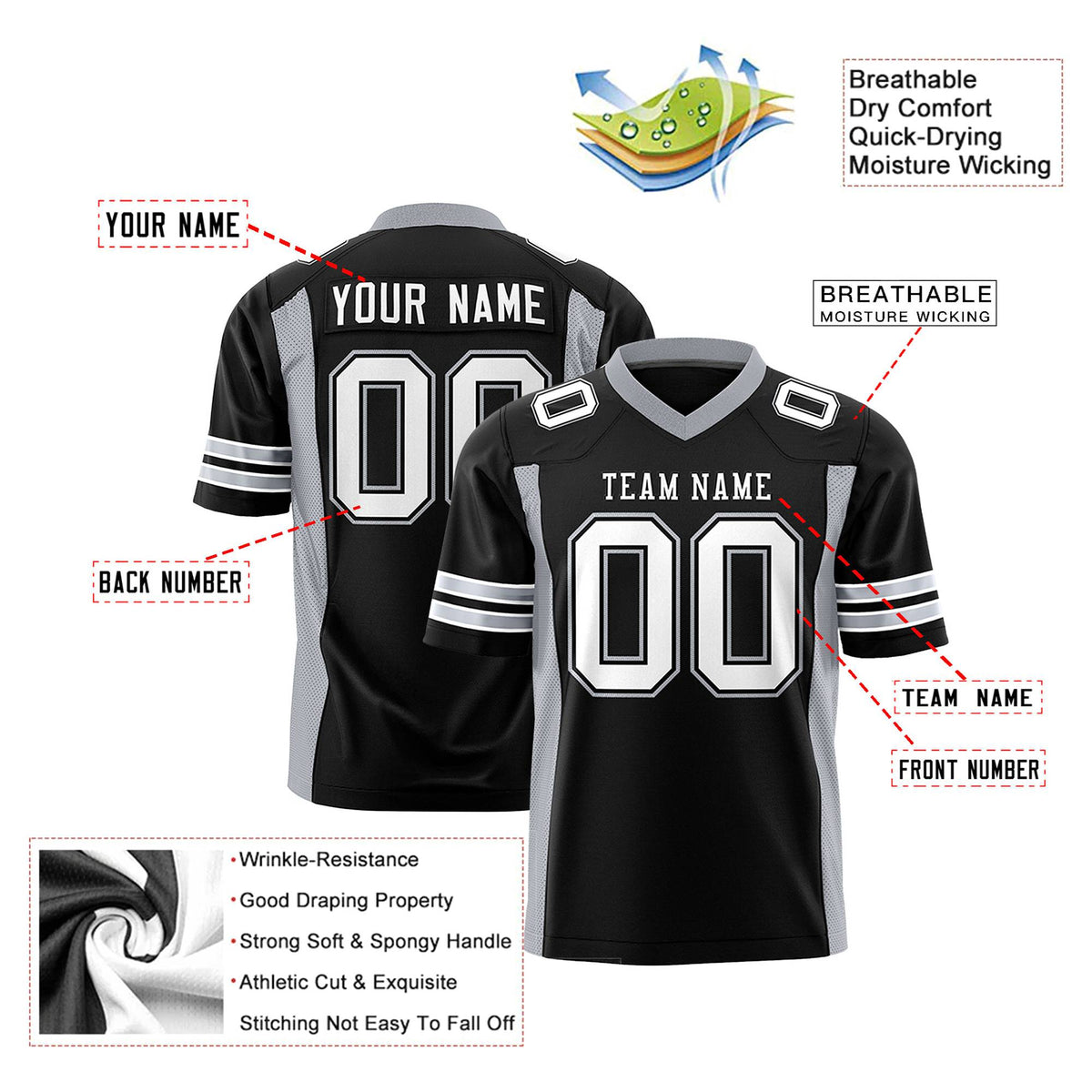 Custom Black Gray Mesh Drift Fashion Football Jersey