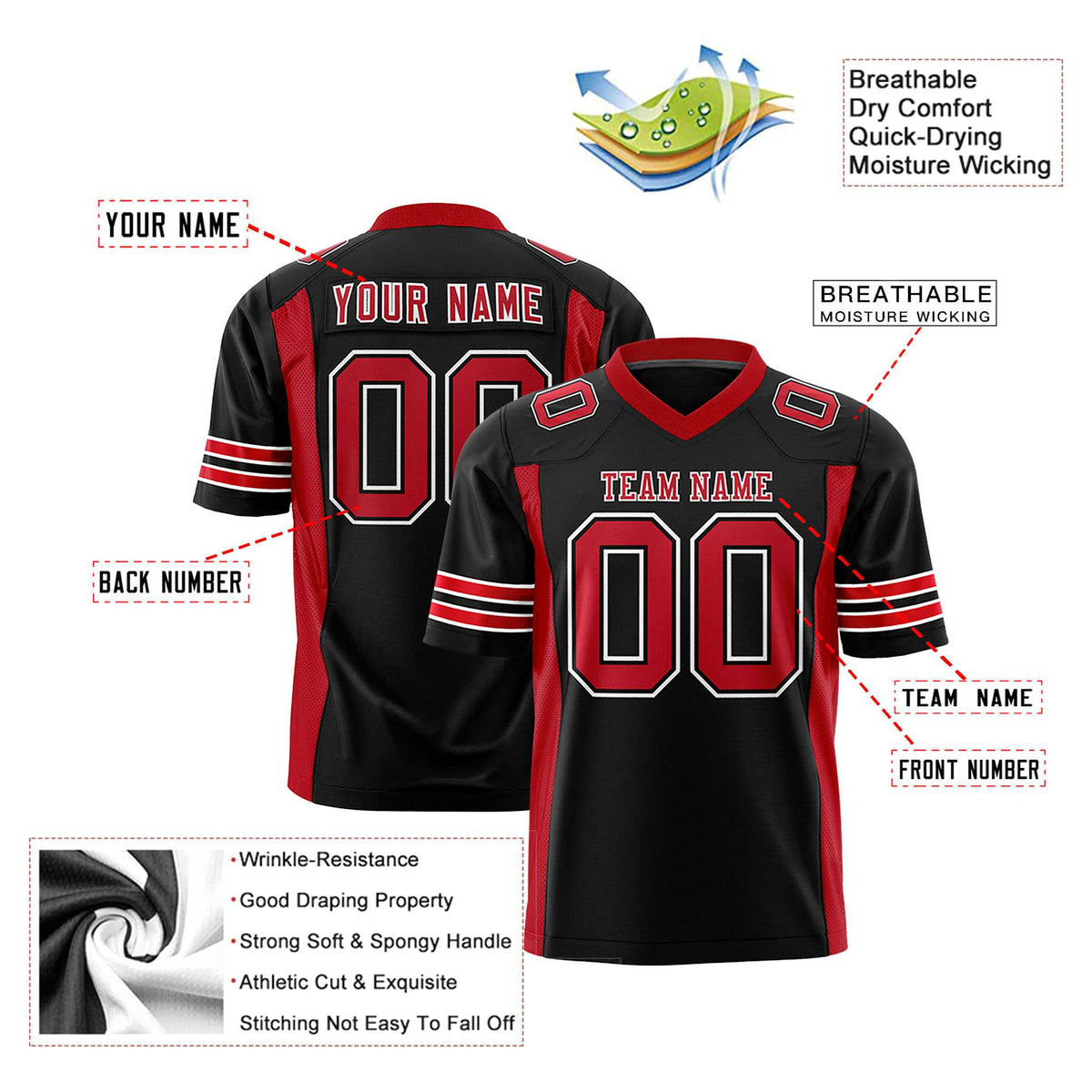 Custom Black Red Mesh Drift Fashion Football Jersey