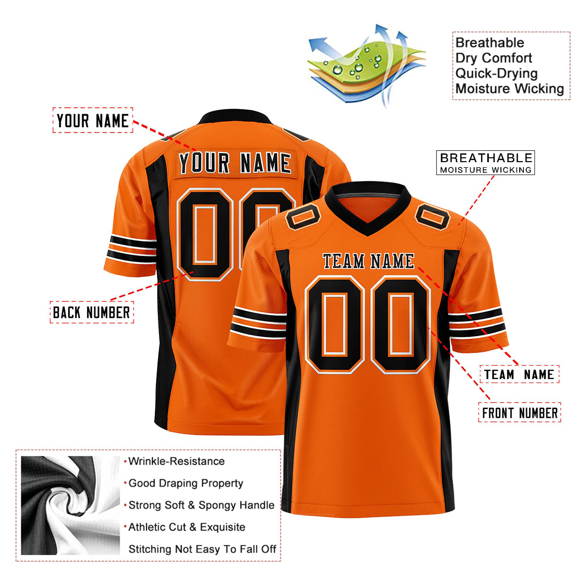 Custom Orange Black Mesh Drift Fashion Football Jersey