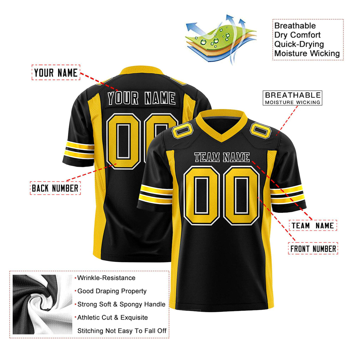 Custom Black Yellow Mesh Drift Fashion Football Jersey