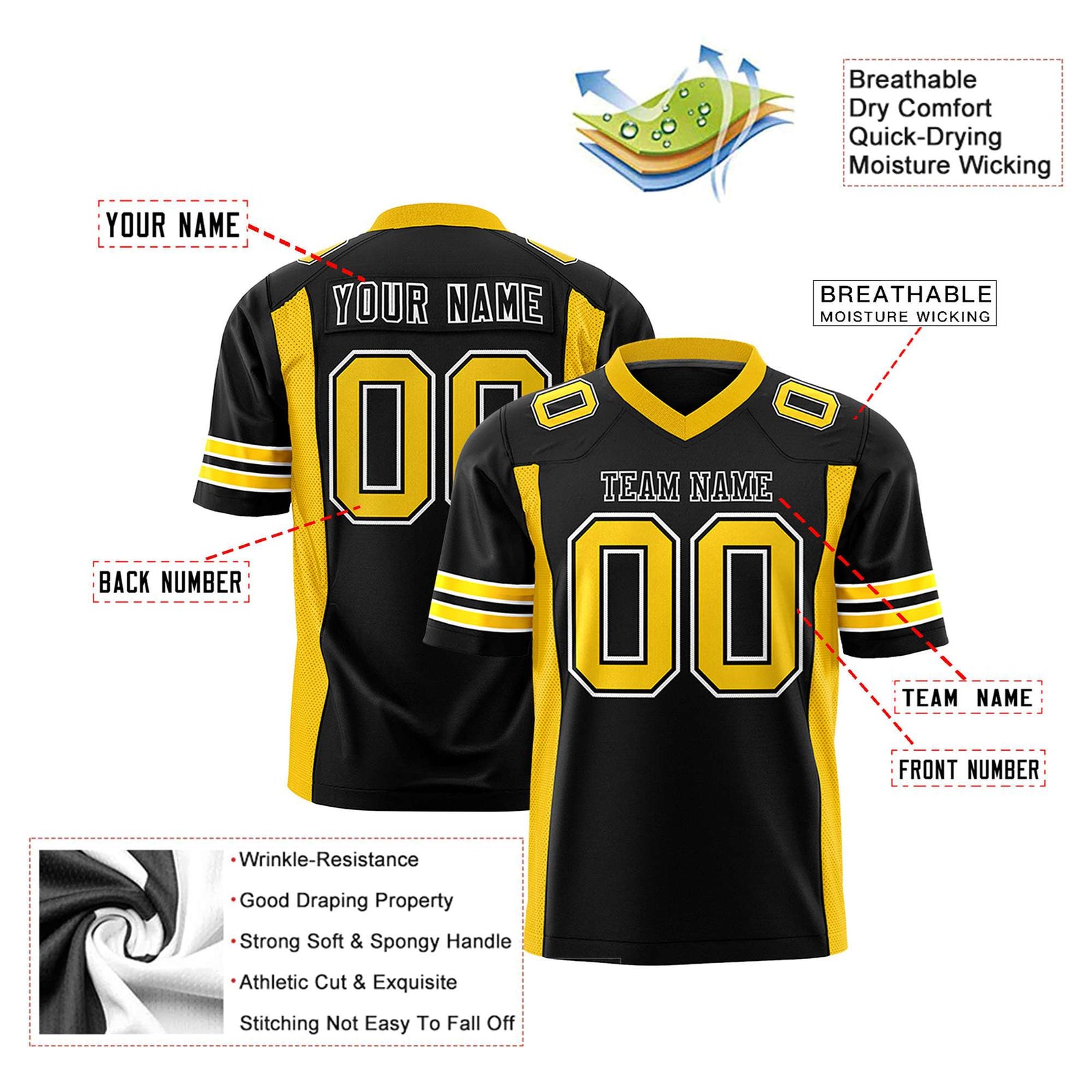 Custom Black Yellow Mesh Drift Fashion Football Jersey