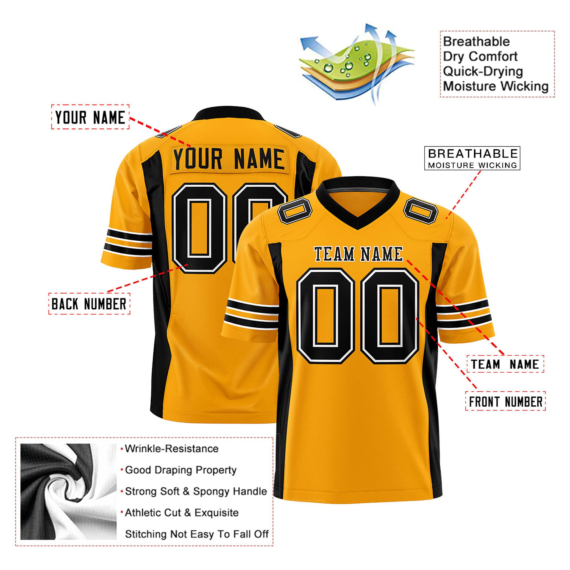 Custom Yellow Black Mesh Drift Fashion Football Jersey