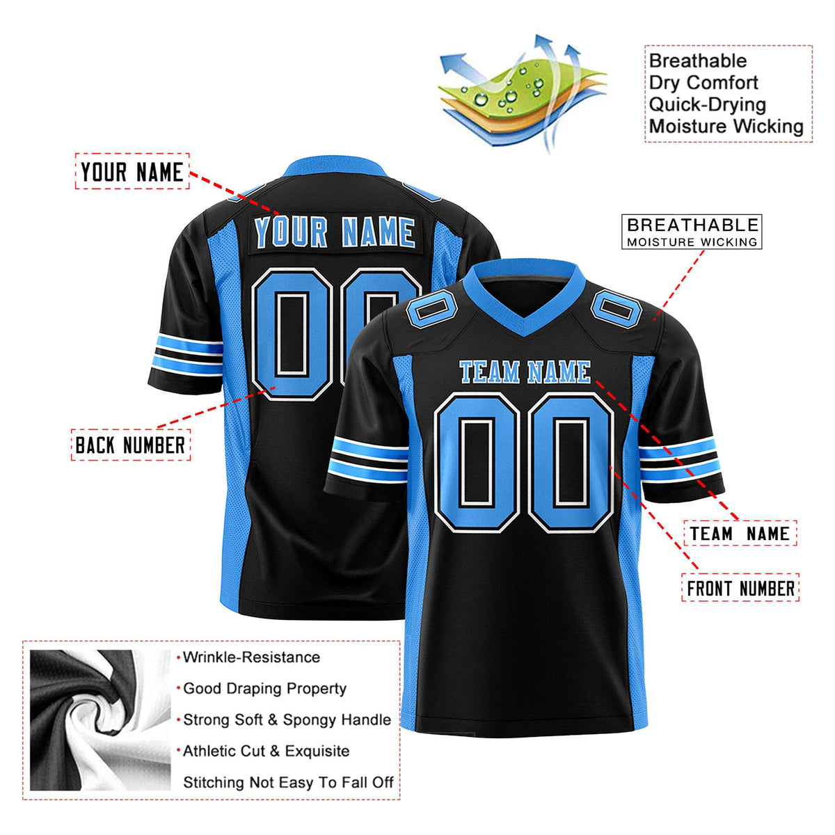 Custom Black-Powder Blue Mesh Drift Fashion Football Jersey