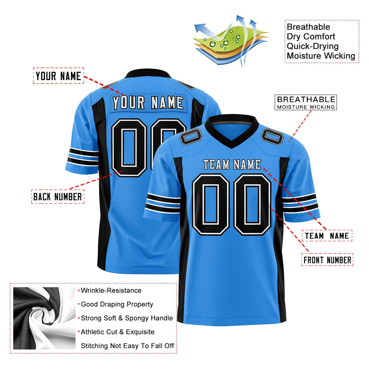 Custom Powder Blue-Black Mesh Drift Fashion Football Jersey
