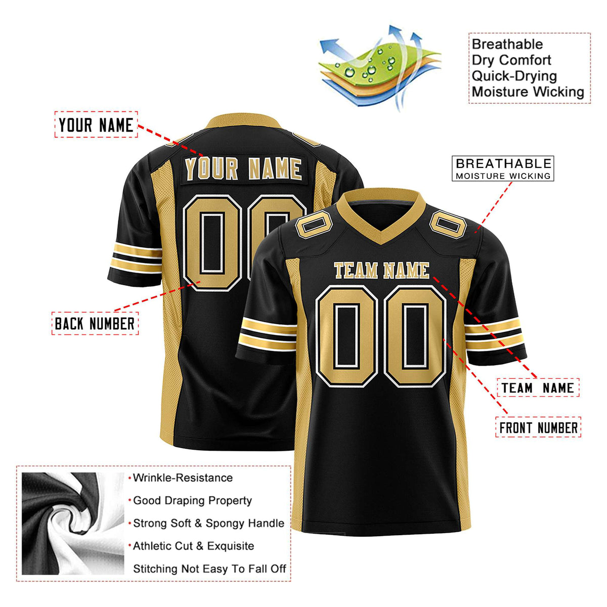 Custom Black-Old Gold Mesh Drift Fashion Football Jersey