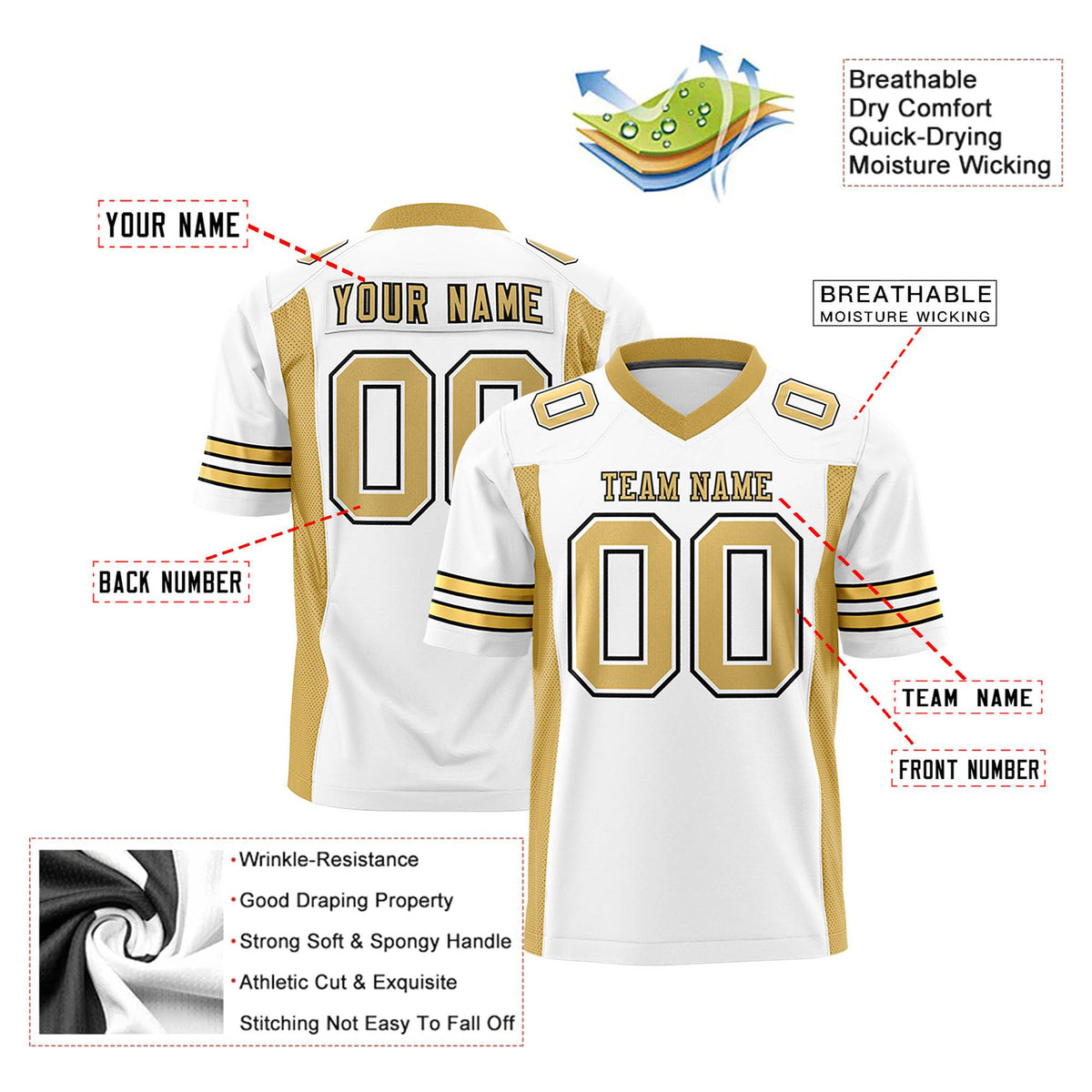 Custom White-Old Gold Mesh Drift Fashion Football Jersey