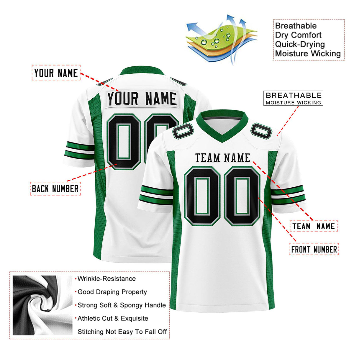Custom White-Kelly Green Black Mesh Drift Fashion Football Jersey