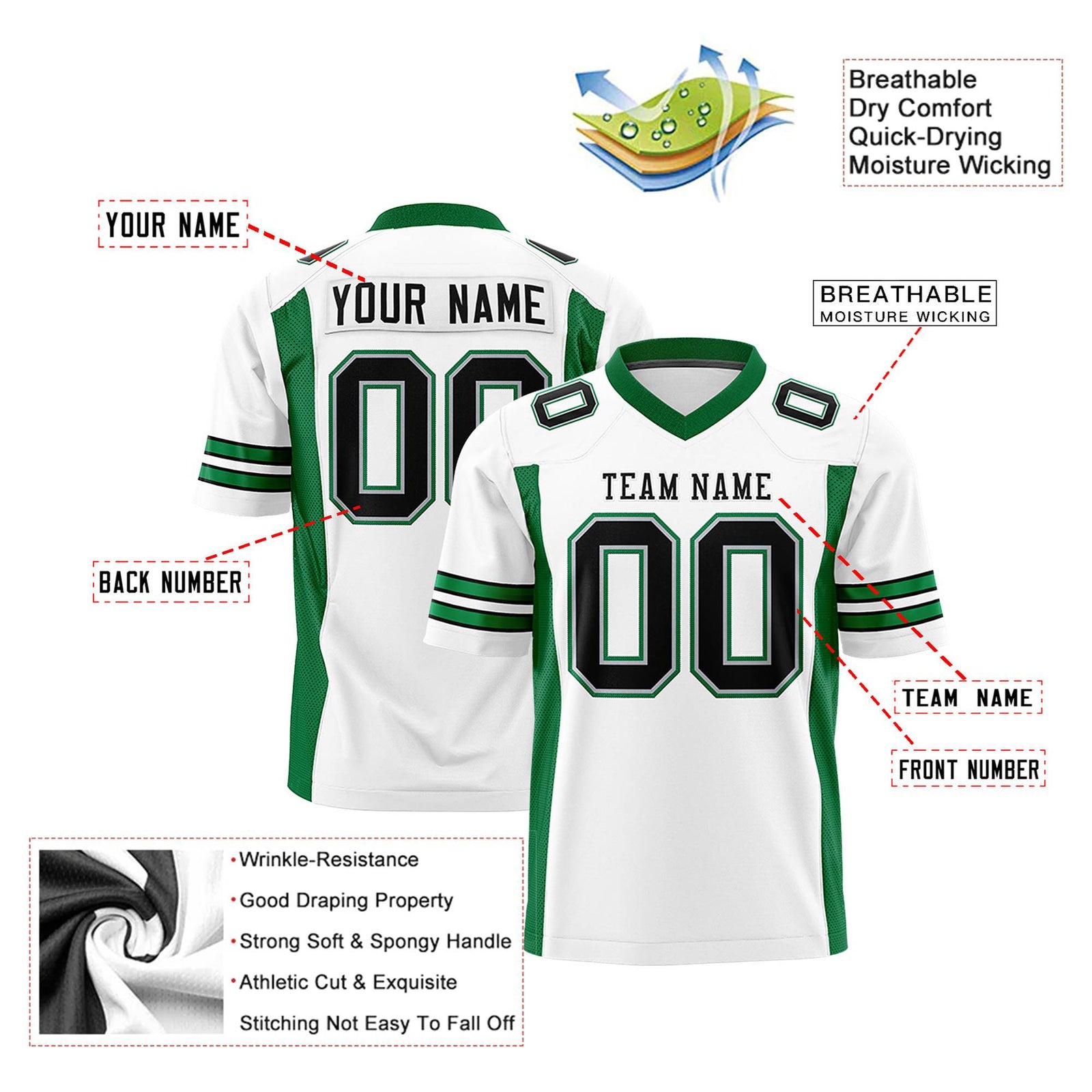 Custom White-Kelly Green Black Mesh Drift Fashion Football Jersey
