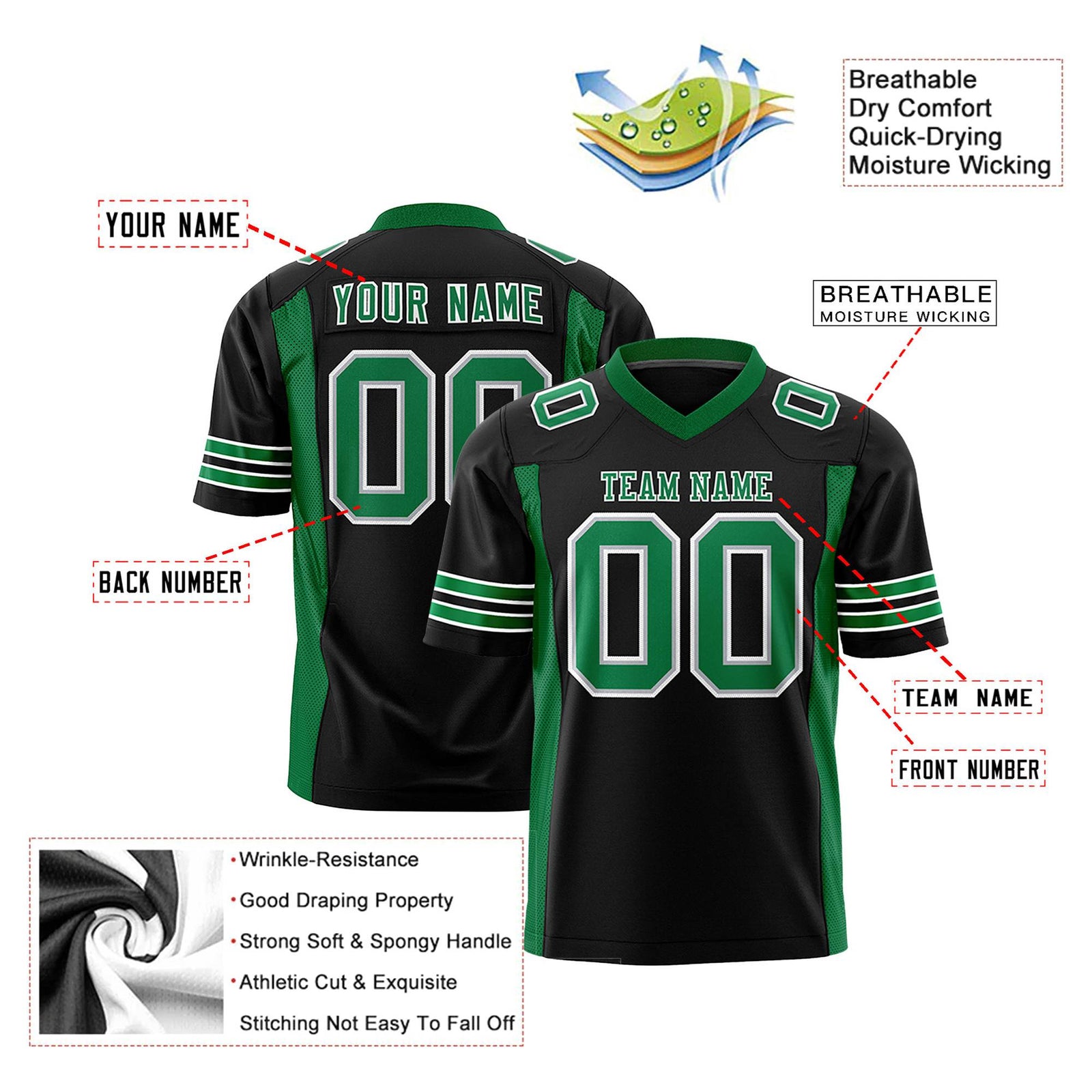 Custom Black Kelly-Green Mesh Drift Fashion Football Jersey