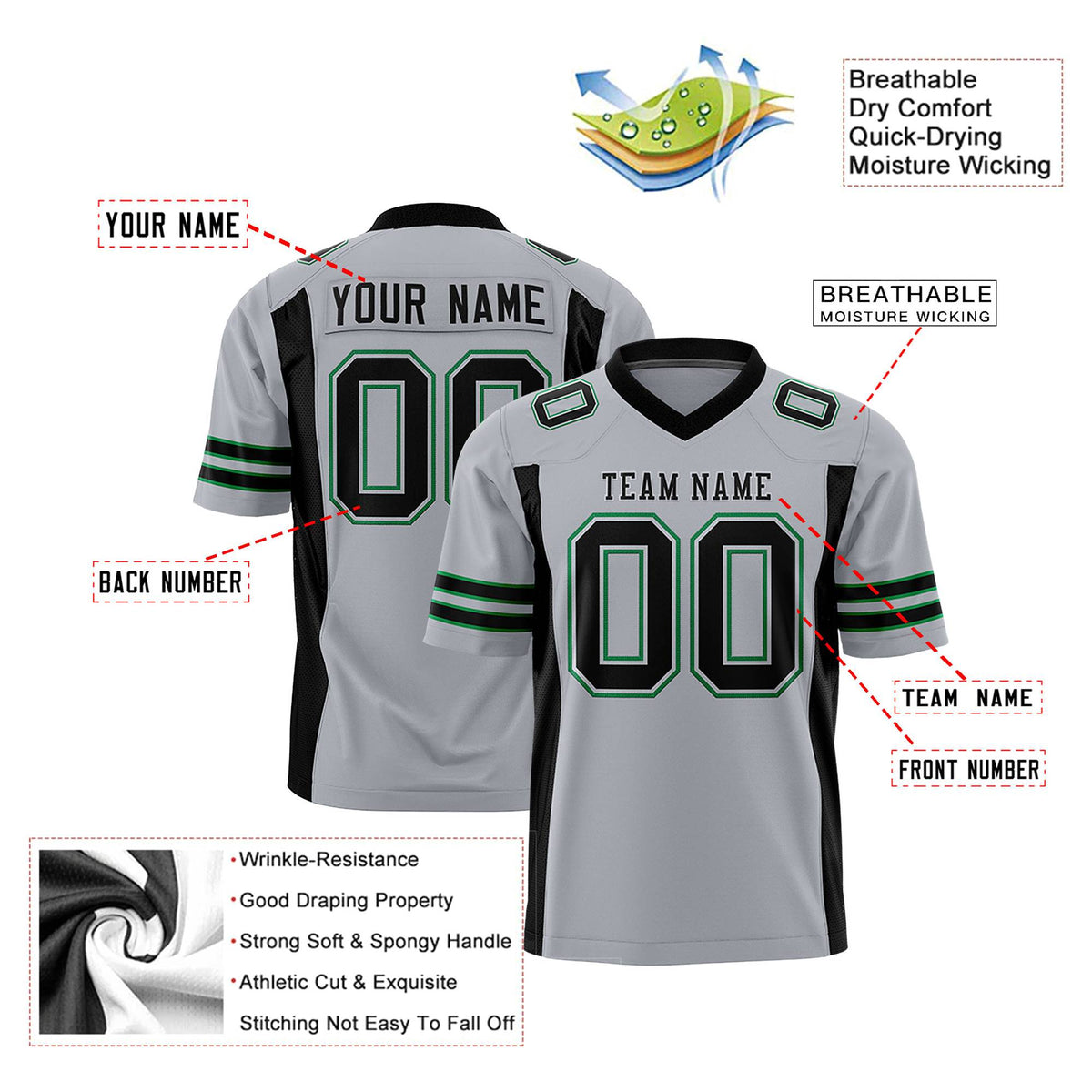 Custom Gray Black-Green Mesh Drift Fashion Football Jersey