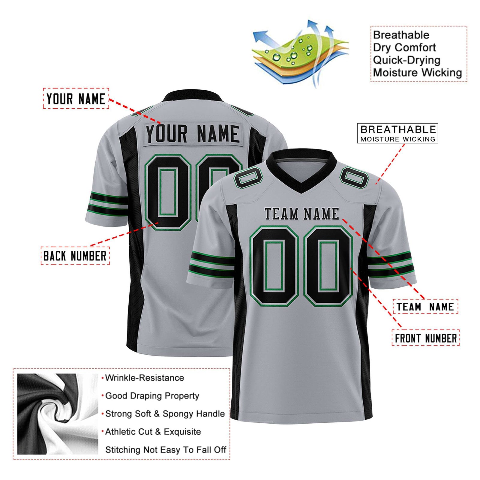 Custom Gray Black-Green Mesh Drift Fashion Football Jersey