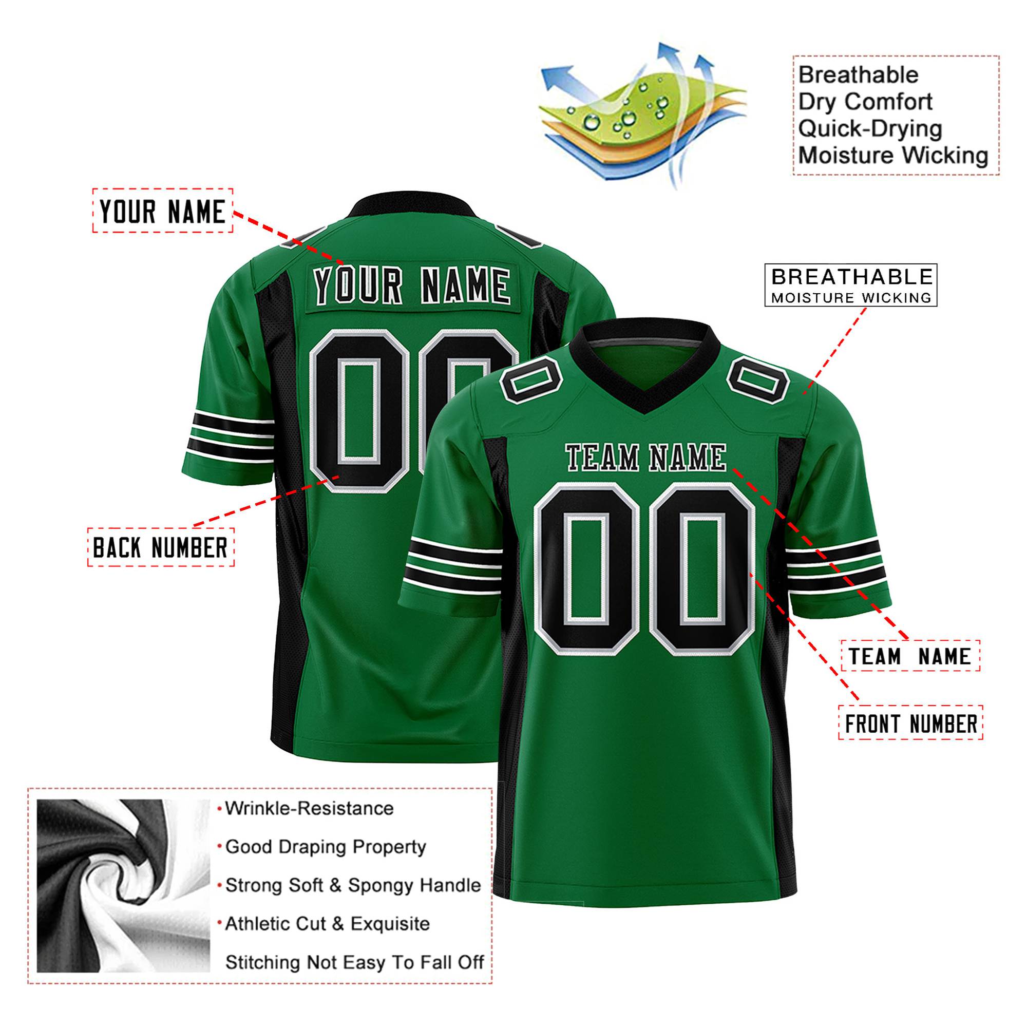 Custom Kelly Green-Black Mesh Drift Fashion Football Jersey