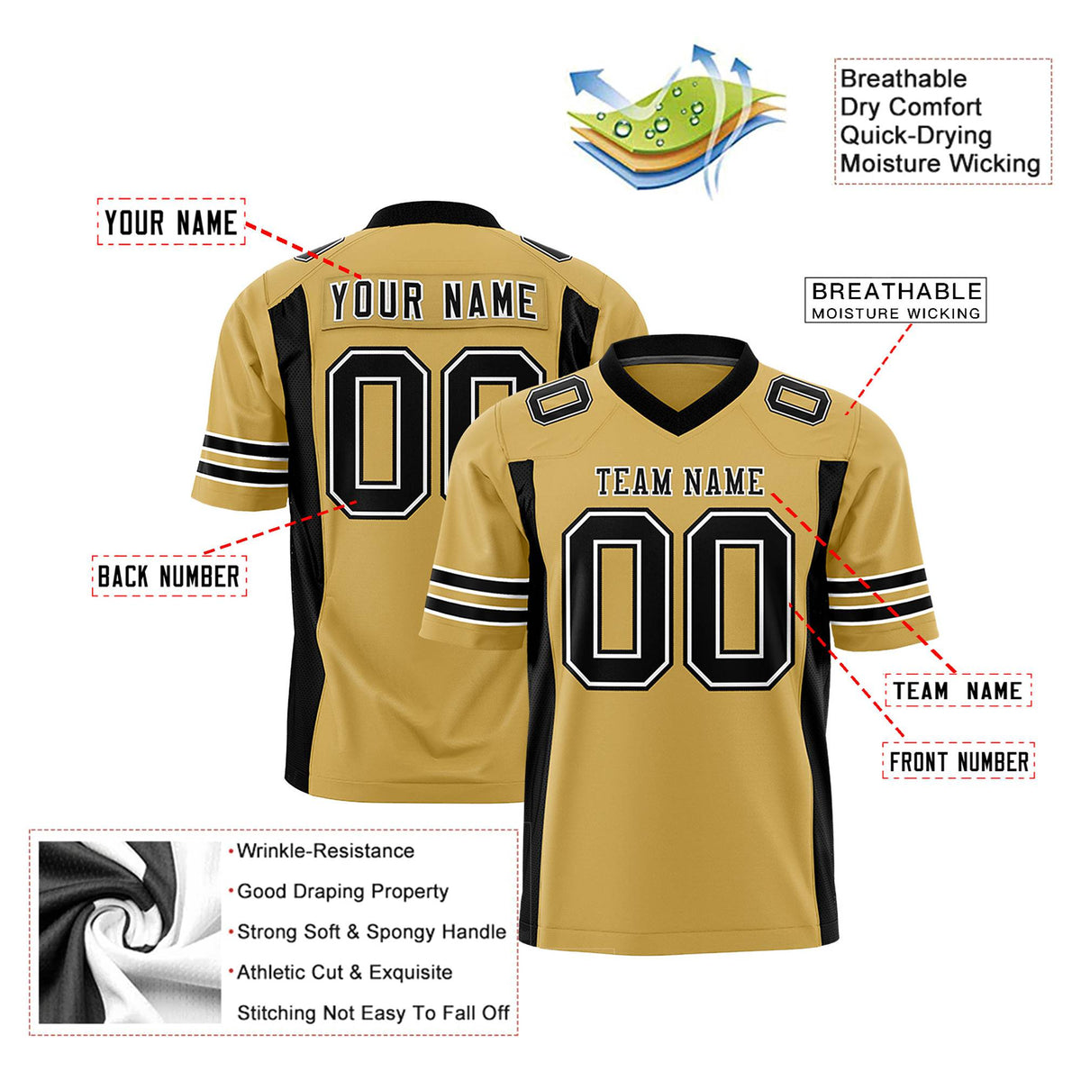 Custom Old Gold-Black Mesh Drift Fashion Football Jersey