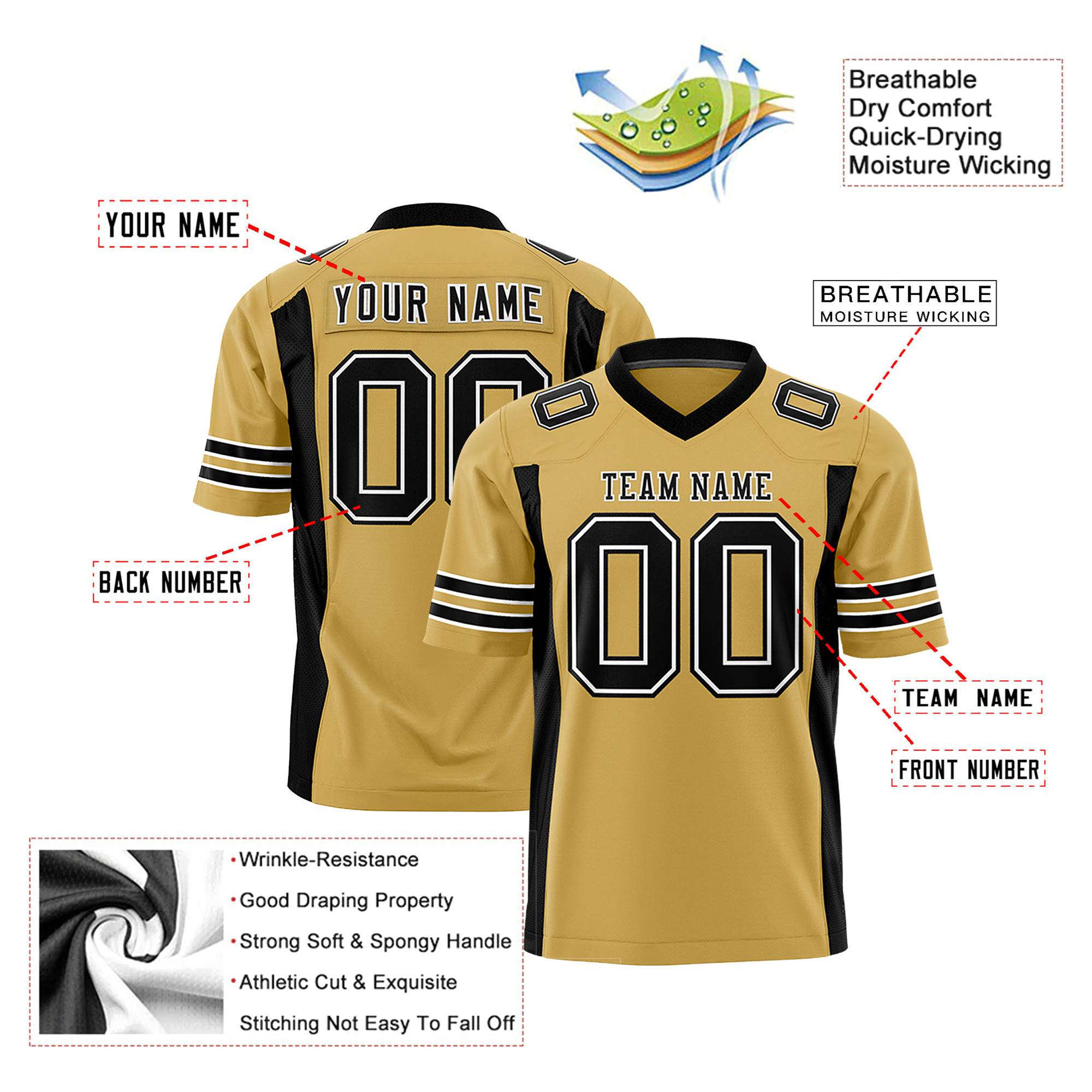 Custom Old Gold-Black Mesh Drift Fashion Football Jersey