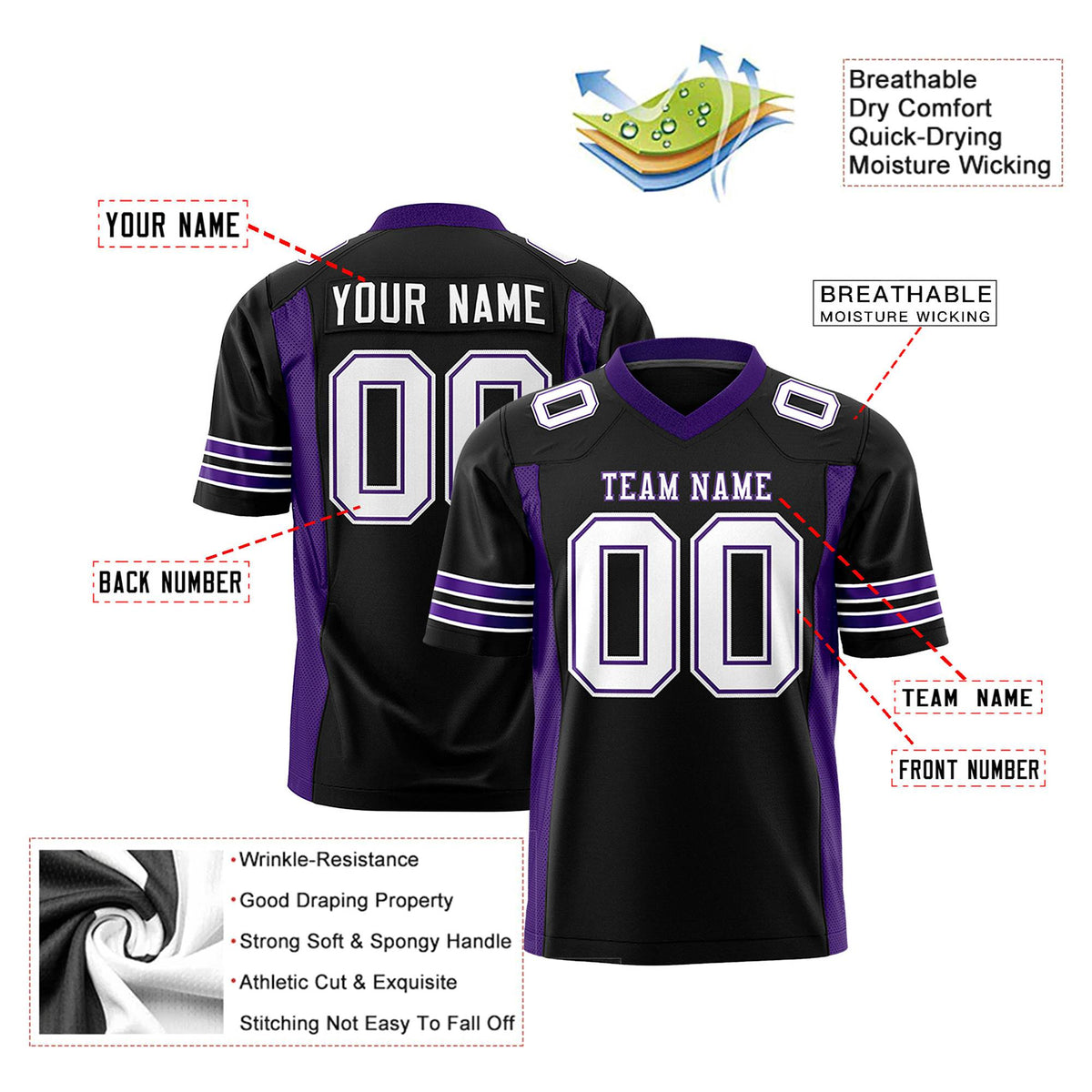 Custom Black Purple-White Mesh Drift Fashion Football Jersey