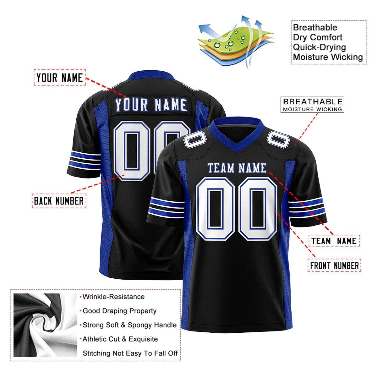 Custom Black-Royal Blue White Mesh Drift Fashion Football Jersey