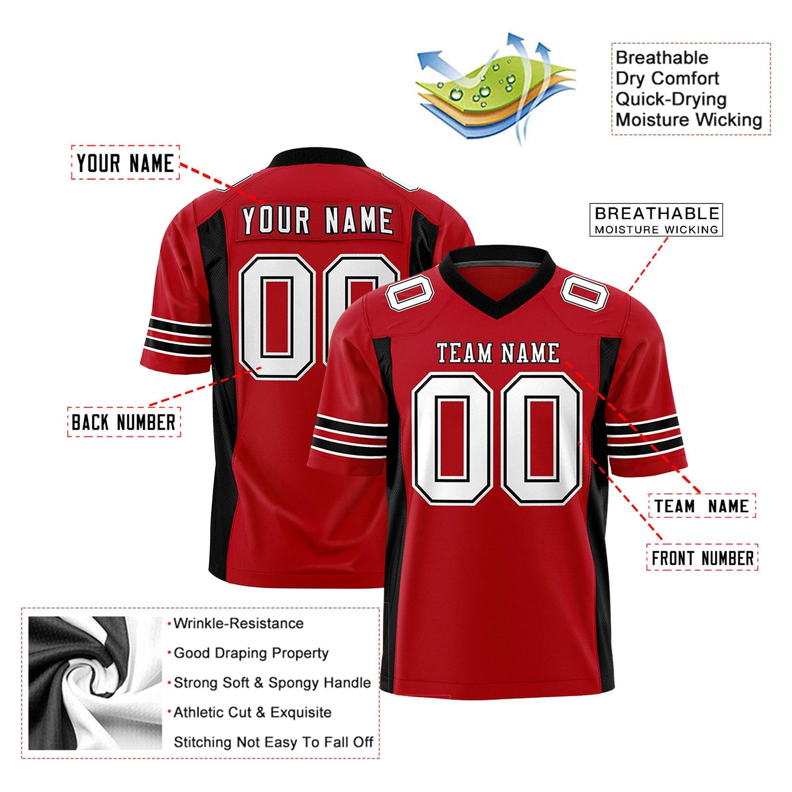 Custom Red Black-White Mesh Drift Fashion Football Jersey