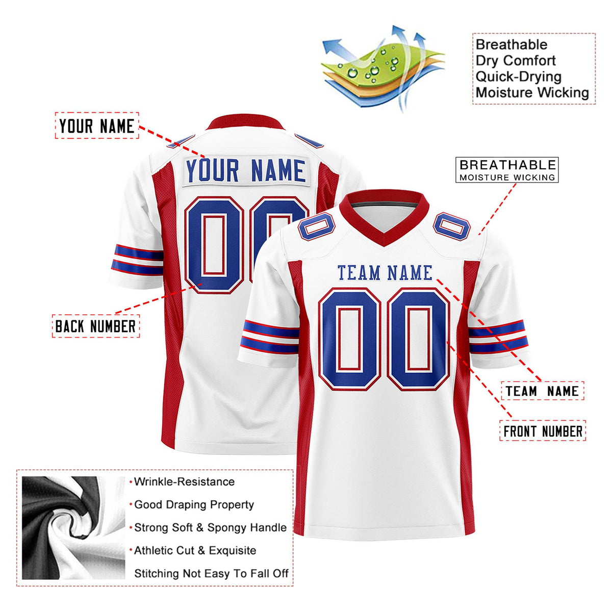 Custom White Red-Blue Mesh Drift Fashion Football Jersey