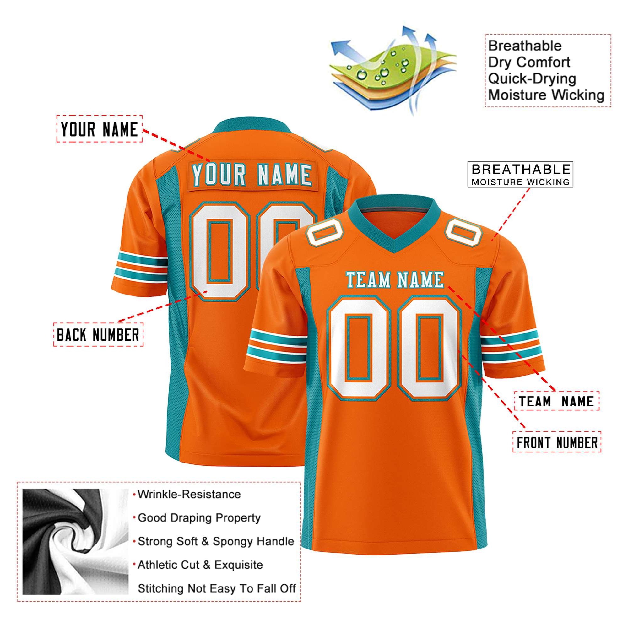 Custom Orange Aqua-White Mesh Drift Fashion Football Jersey