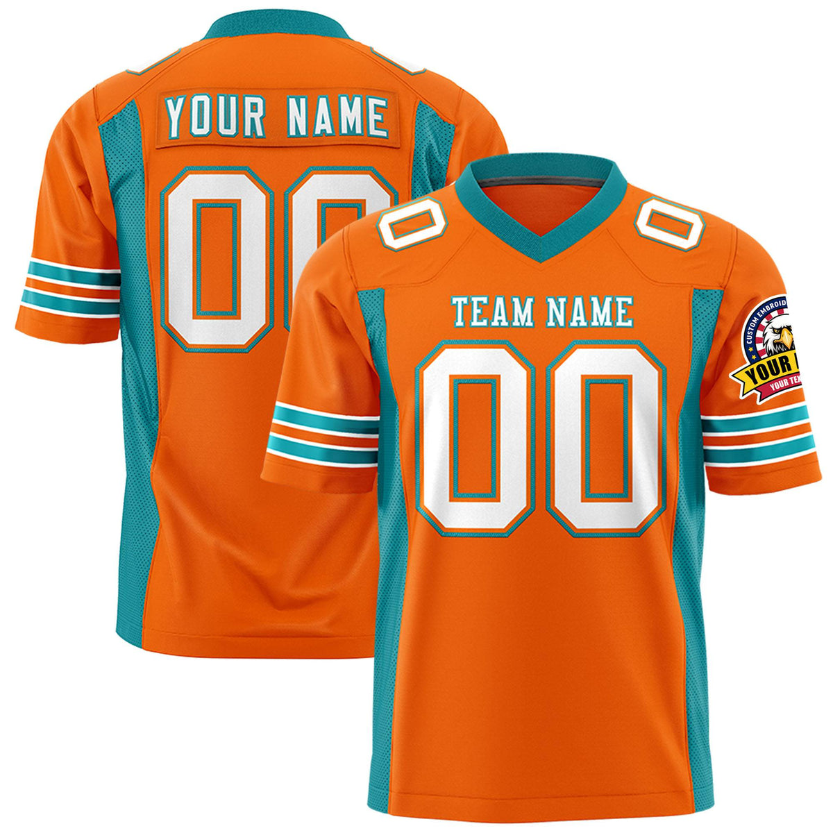 Custom Orange Aqua-White Mesh Drift Fashion Football Jersey