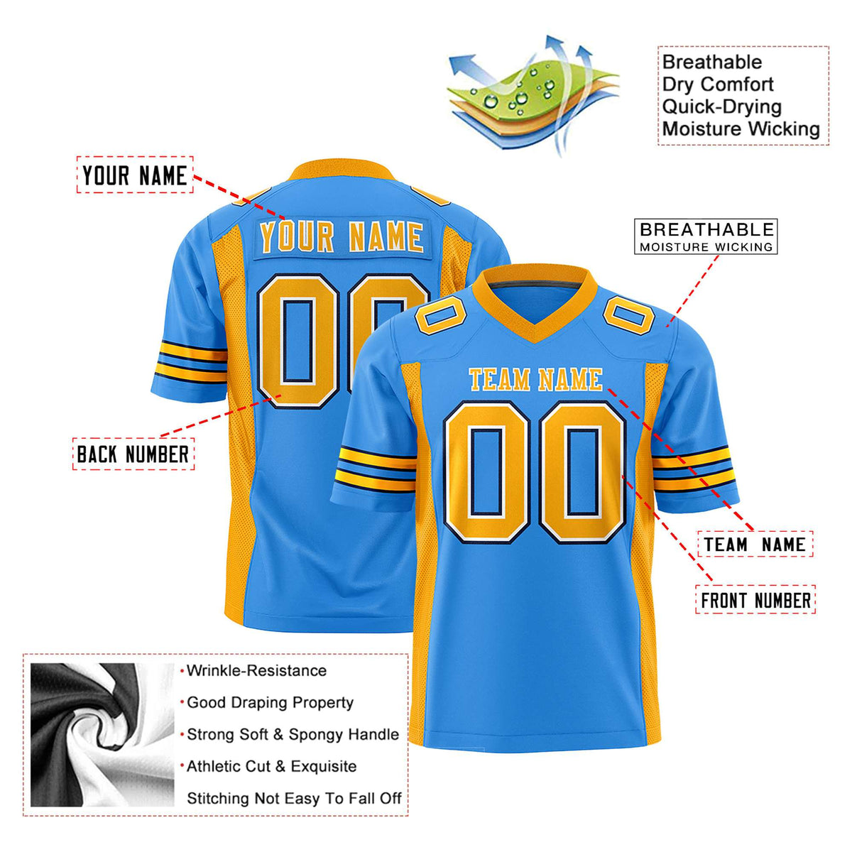 Custom Powder Blue Yellow Mesh Drift Fashion Football Jersey