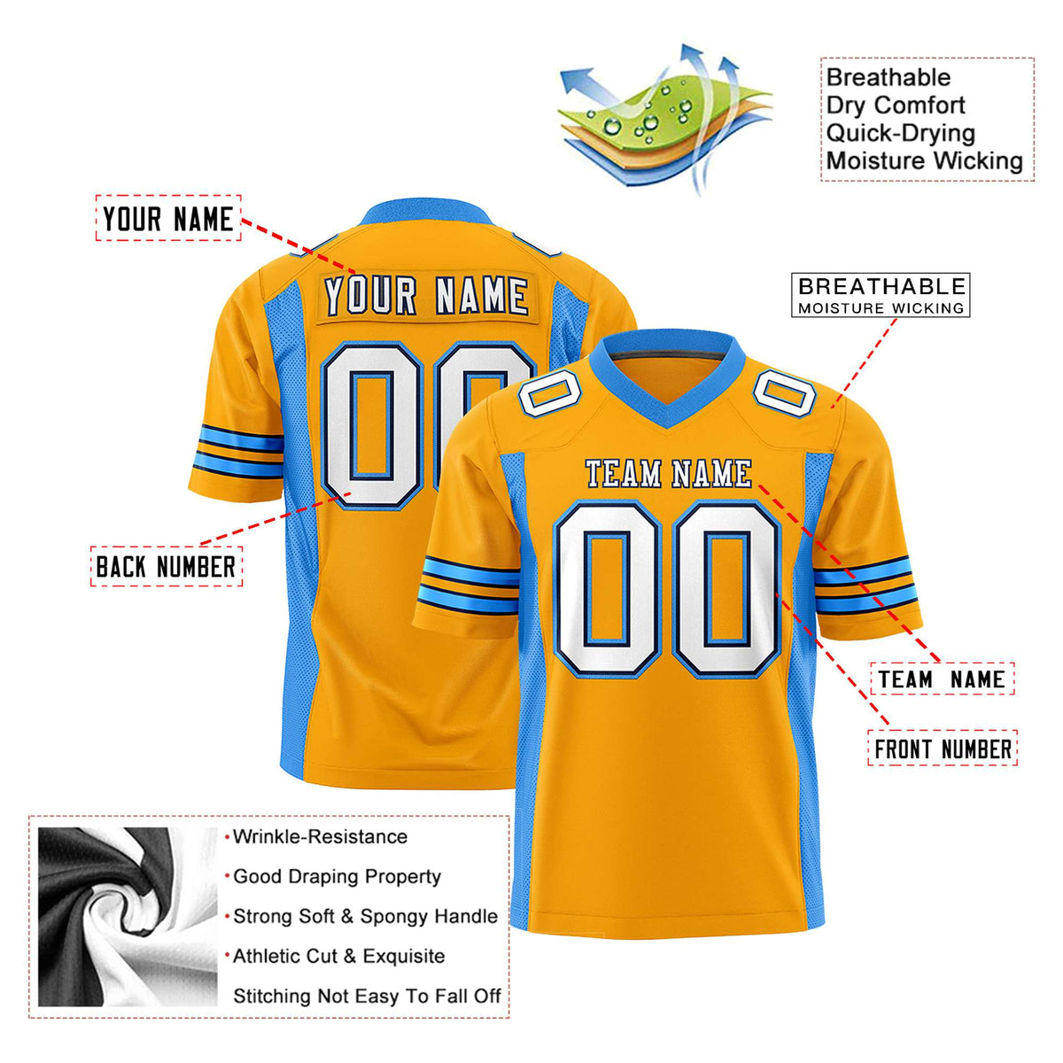 Custom Yellow-Powder Blue Mesh Drift Fashion Football Jersey
