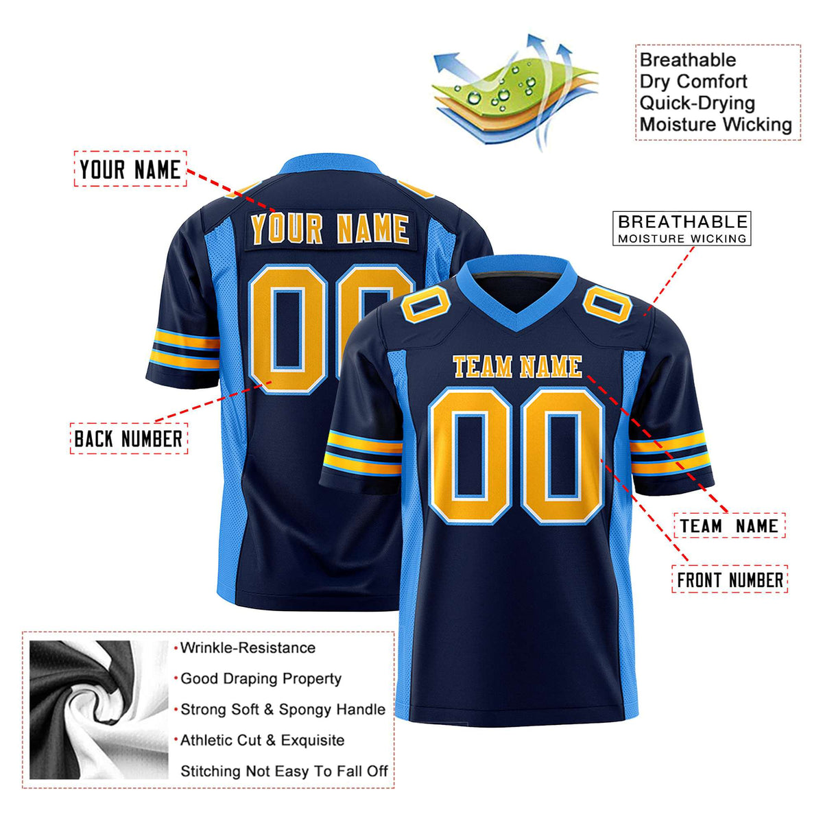 Custom Navy-Powder Blue Yellow Mesh Drift Fashion Football Jersey