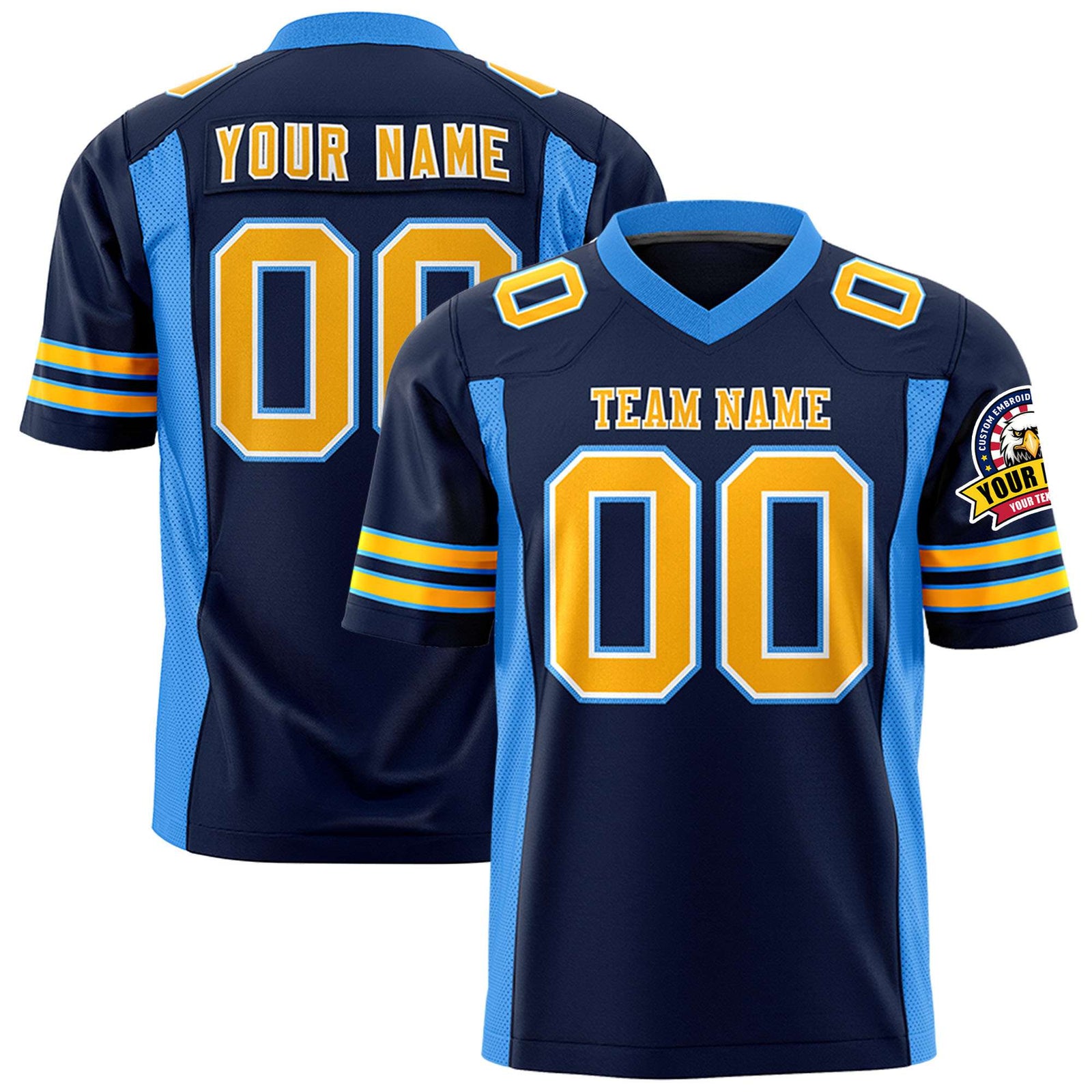 Custom Navy-Powder Blue Yellow Mesh Drift Fashion Football Jersey