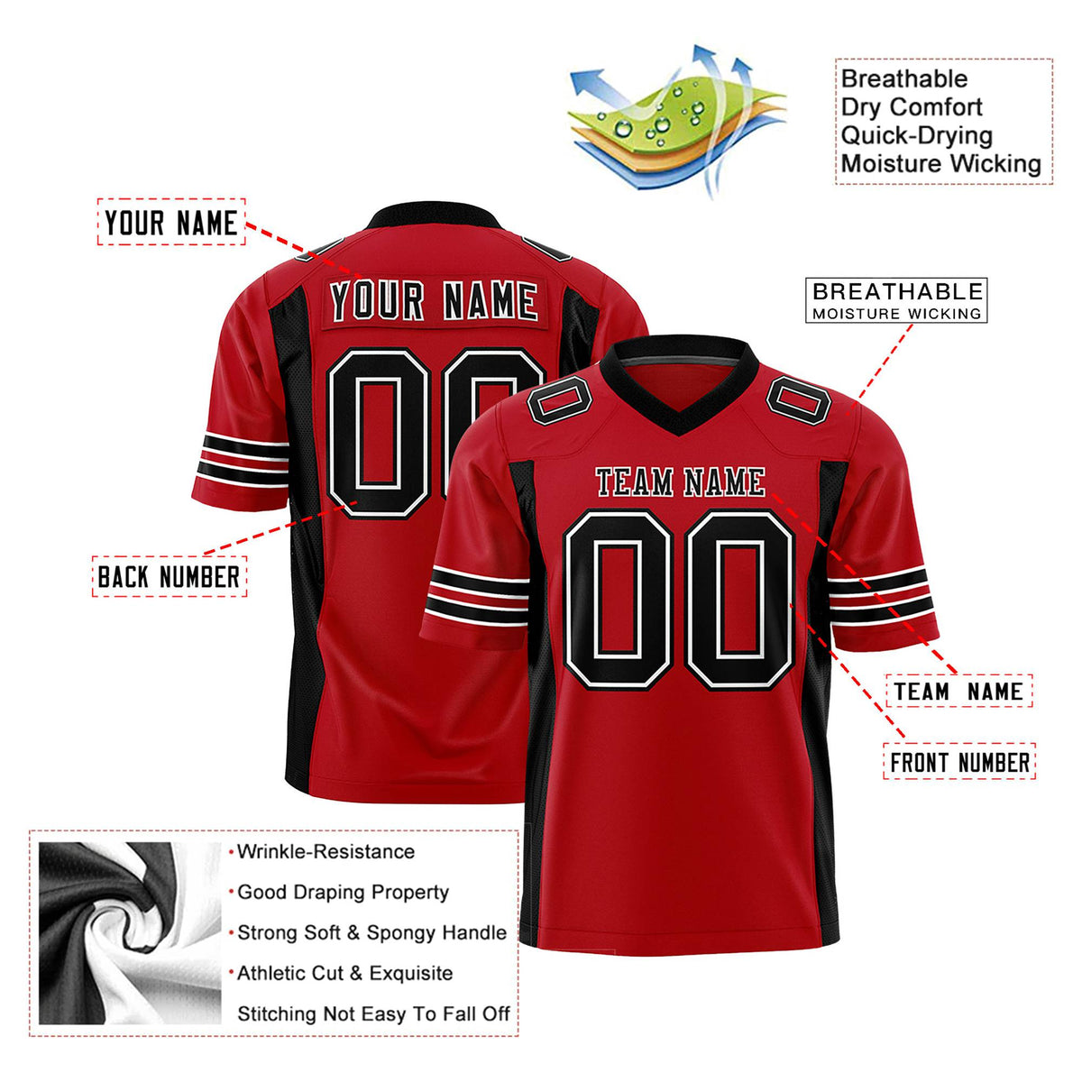 Custom Red Black Mesh Drift Fashion Football Jersey