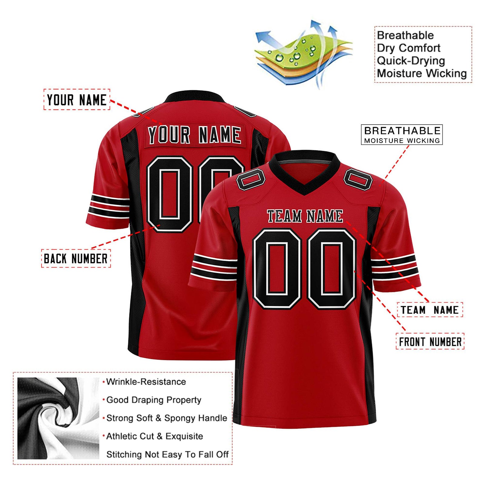 Custom Red Black Mesh Drift Fashion Football Jersey