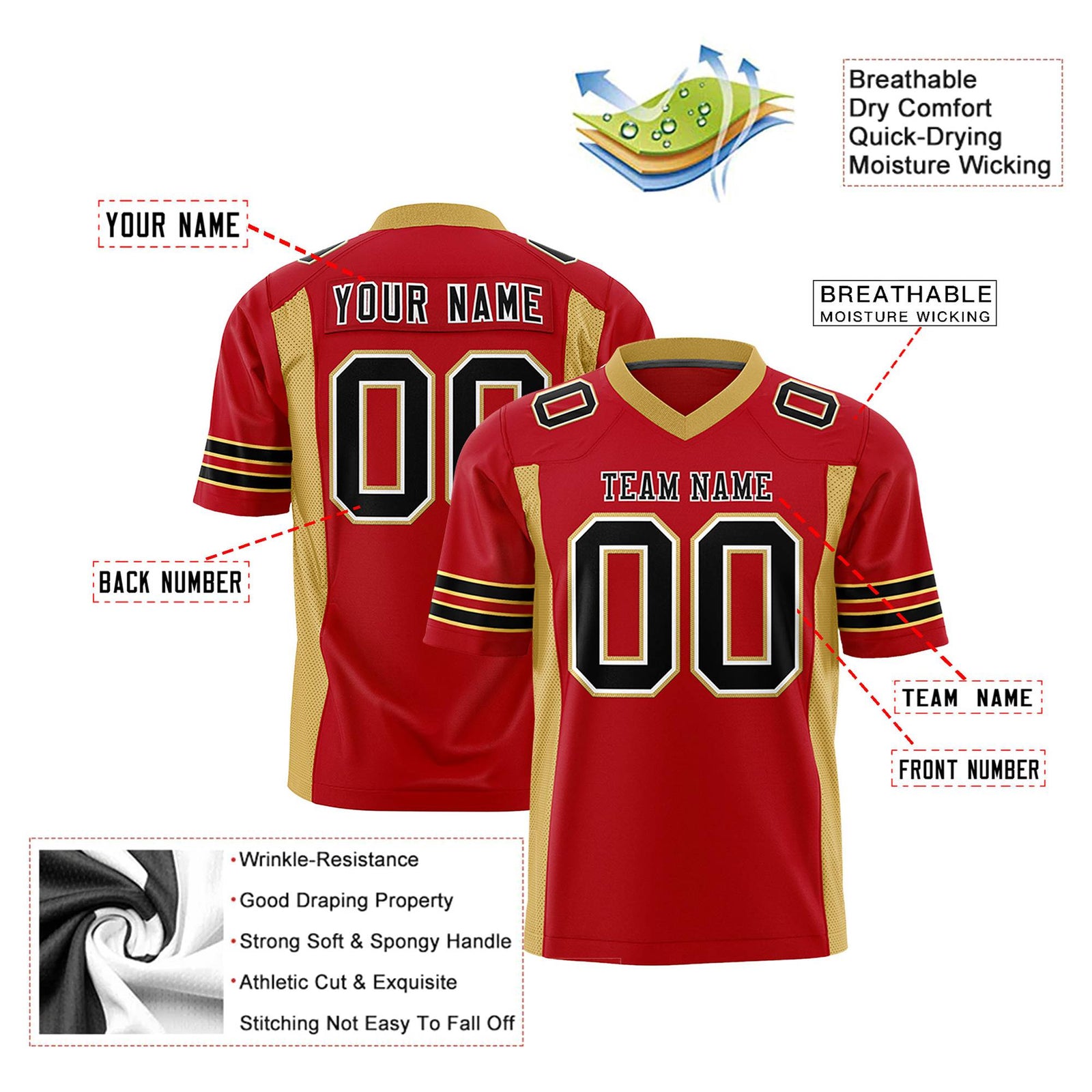 Custom Red-Old Gold Black Mesh Drift Fashion Football Jersey