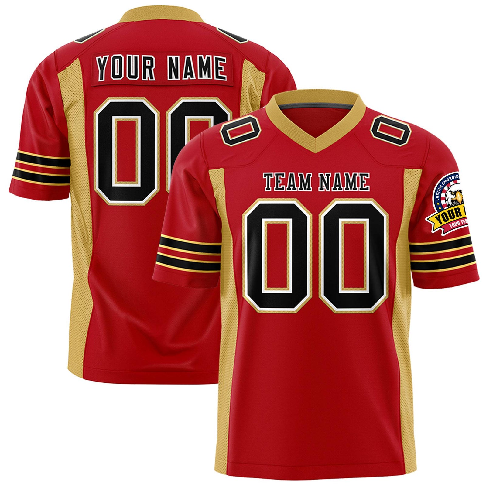 Custom Red-Old Gold Black Mesh Drift Fashion Football Jersey