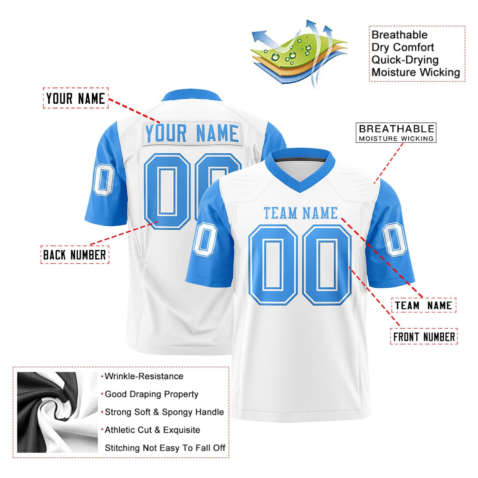 Custom White Powder Blue Mesh Authentic Football Jersey