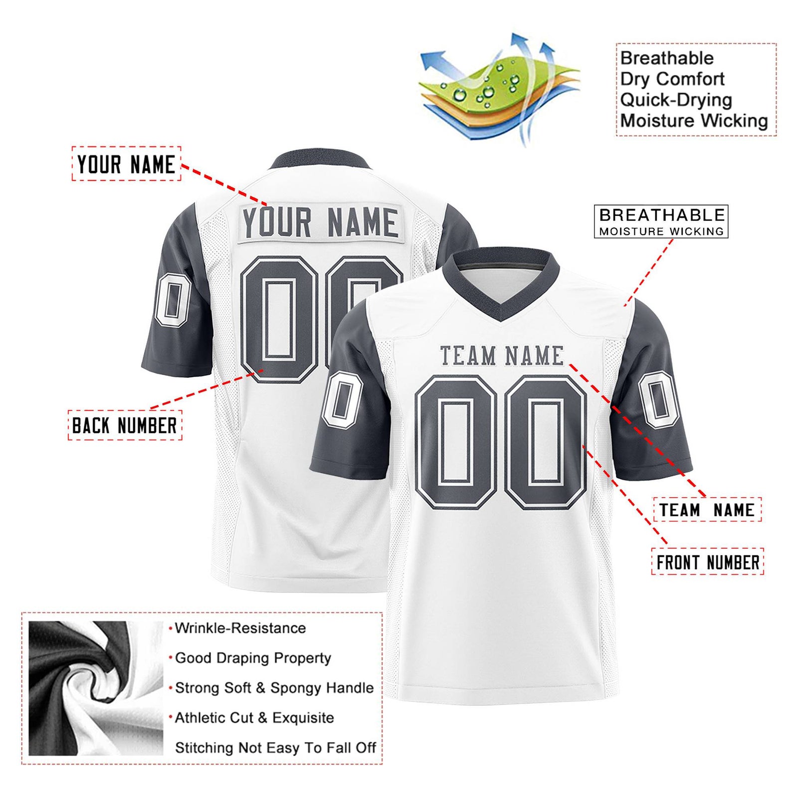 Custom White Dark-Gray Mesh Authentic Football Jersey