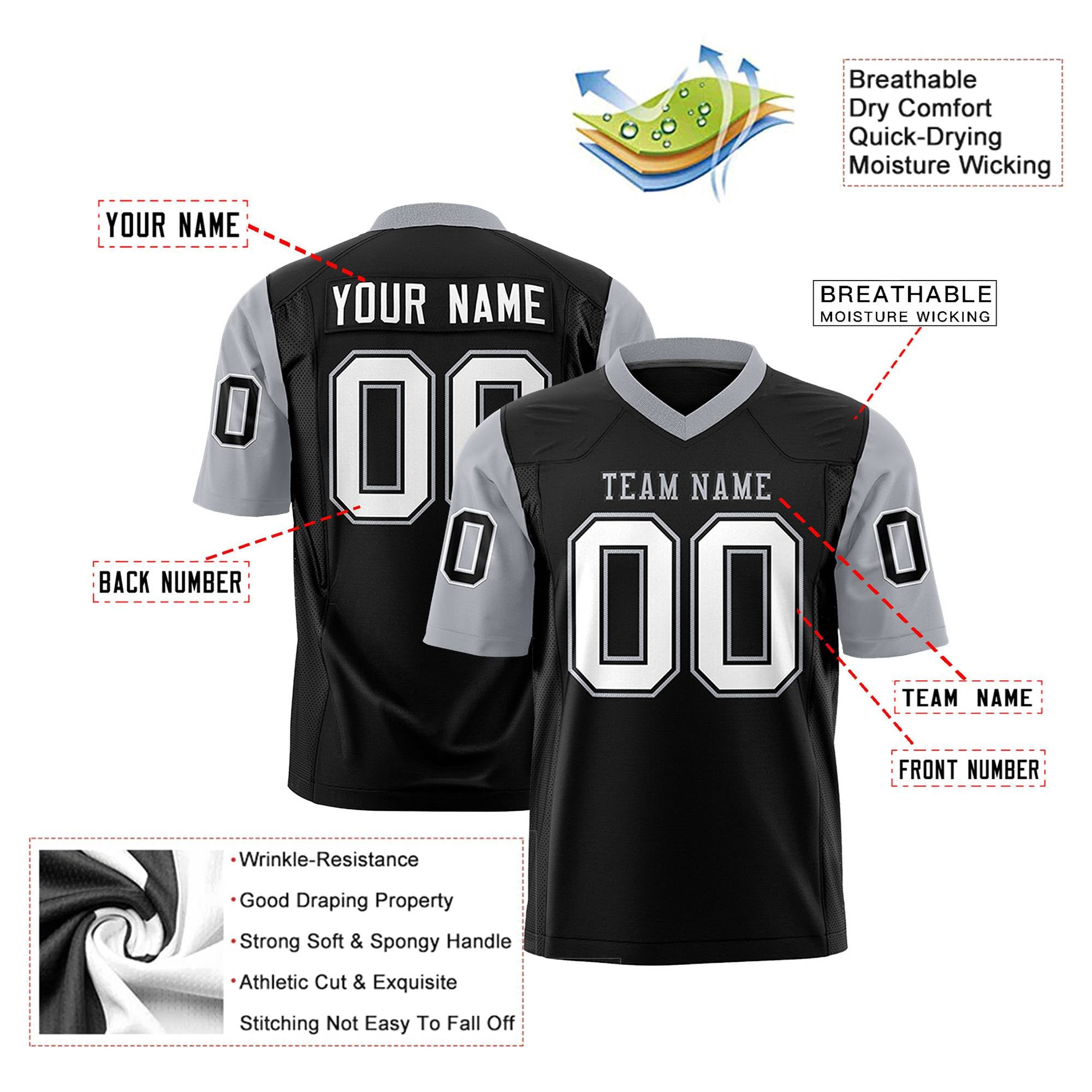 Custom Black Gray-White Mesh Authentic Football Jersey