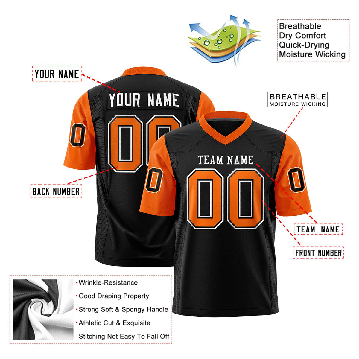 Custom Black Orange Mesh Authentic Football Jersey