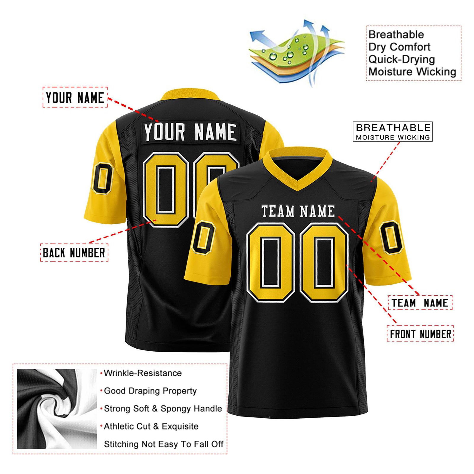 Custom Black Gold Mesh Authentic Football Jersey