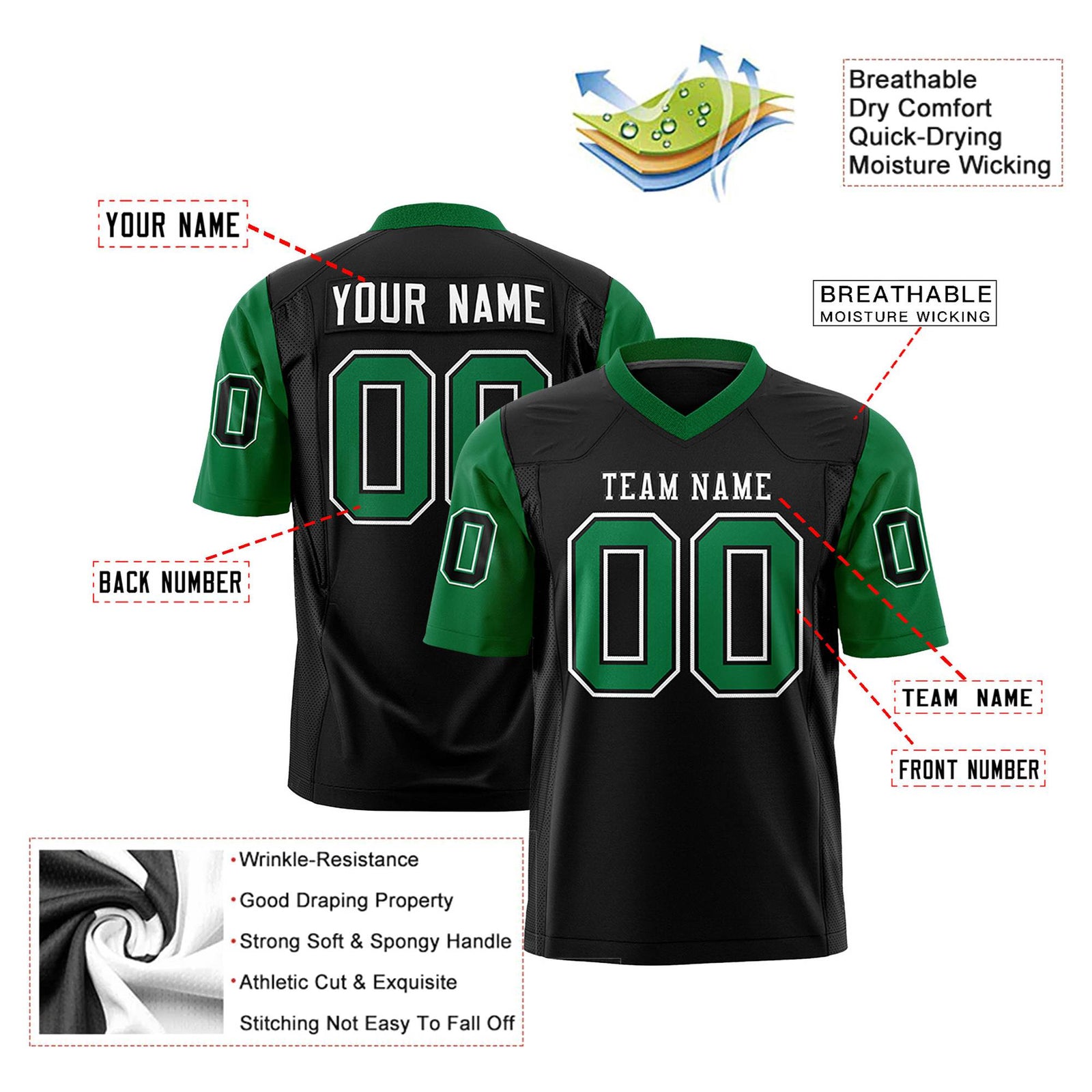 Custom Black-Kelly Green Mesh Authentic Football Jersey