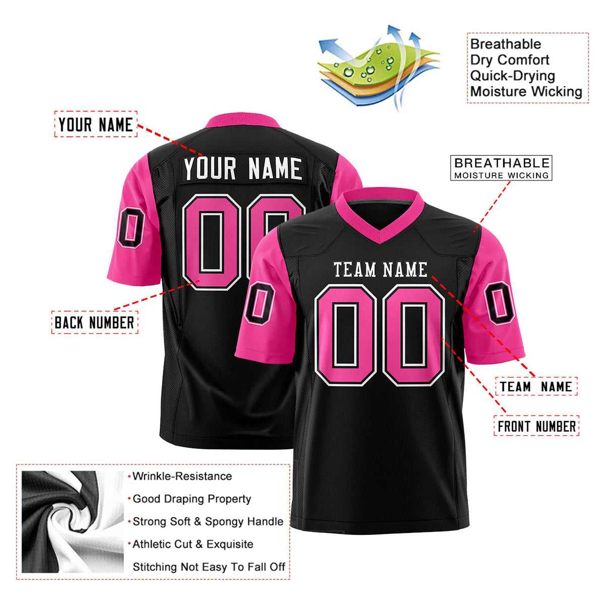 Custom Black Pink Mesh Authentic Football Jersey