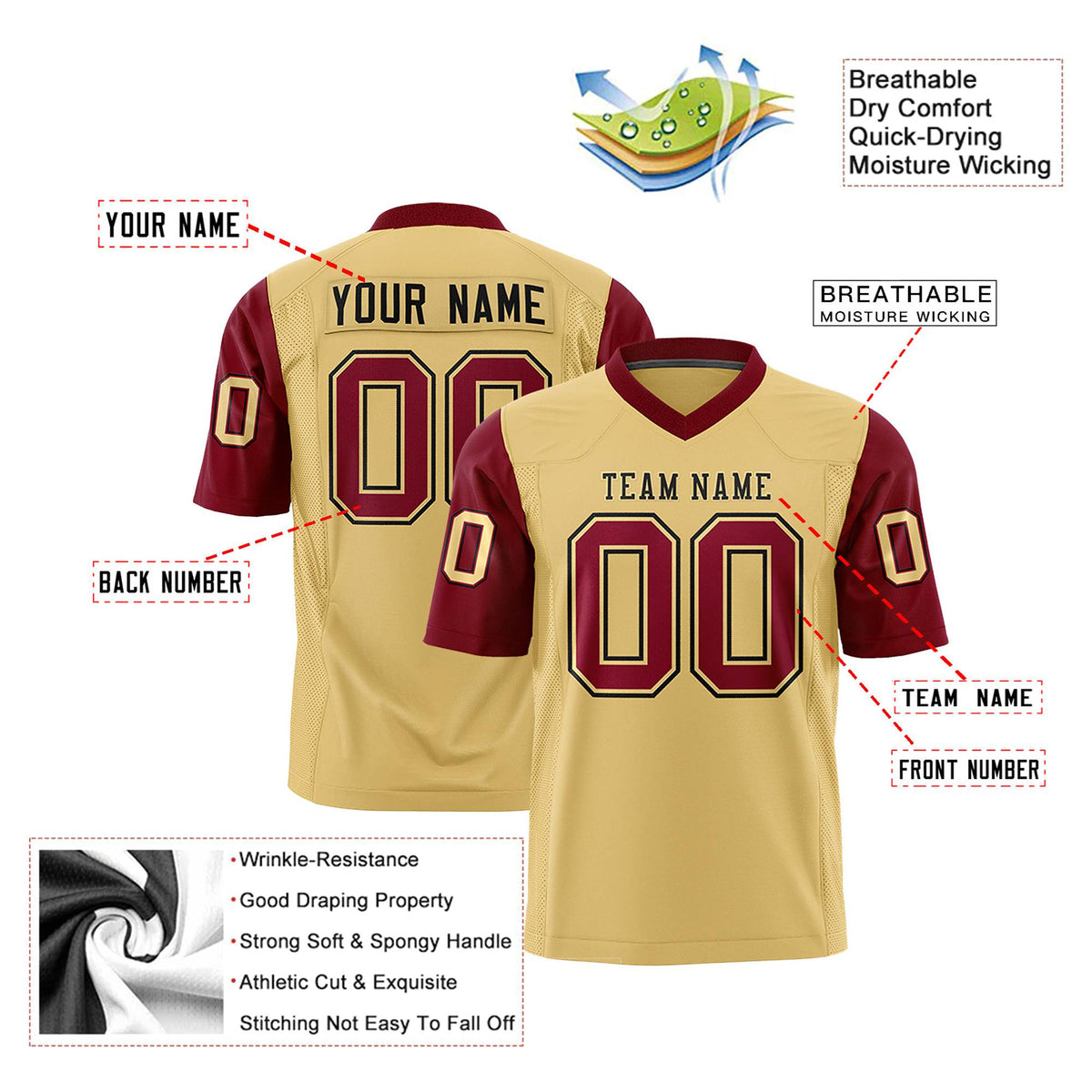 Custom Khaki Crimson Mesh Authentic Football Jersey