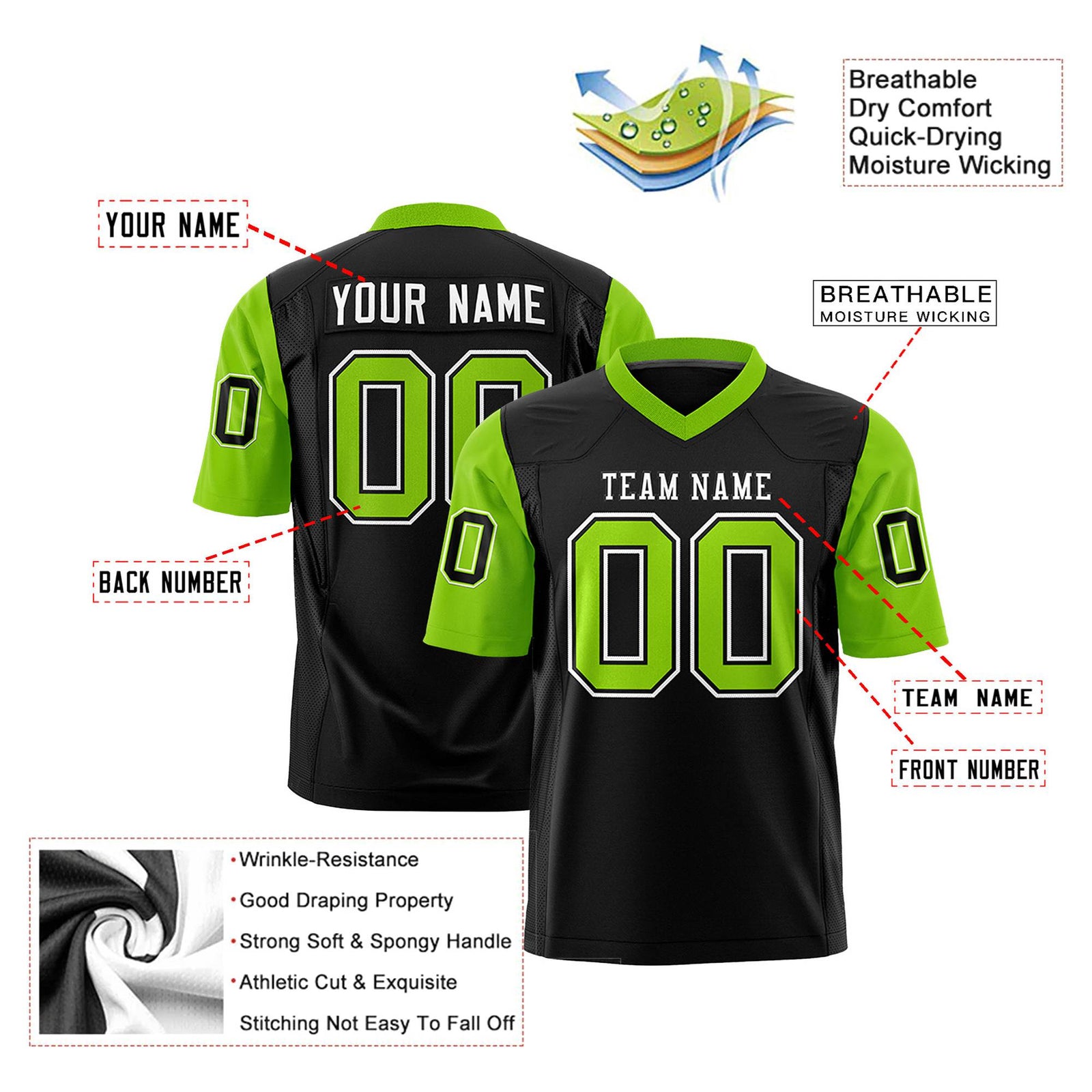 Custom Black-Neon Green Mesh Authentic Football Jersey