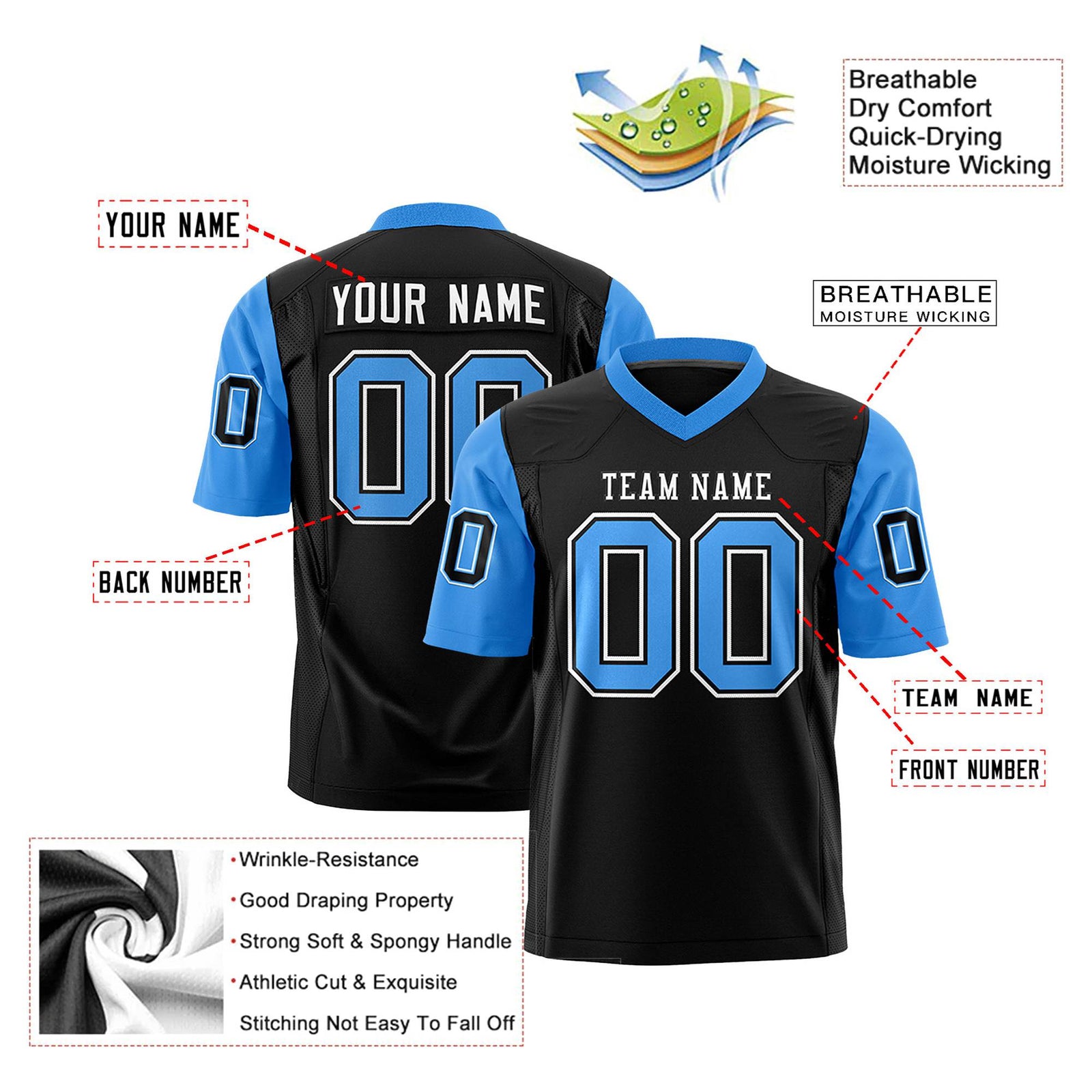 Custom Black-Powder Blue Mesh Authentic Football Jersey