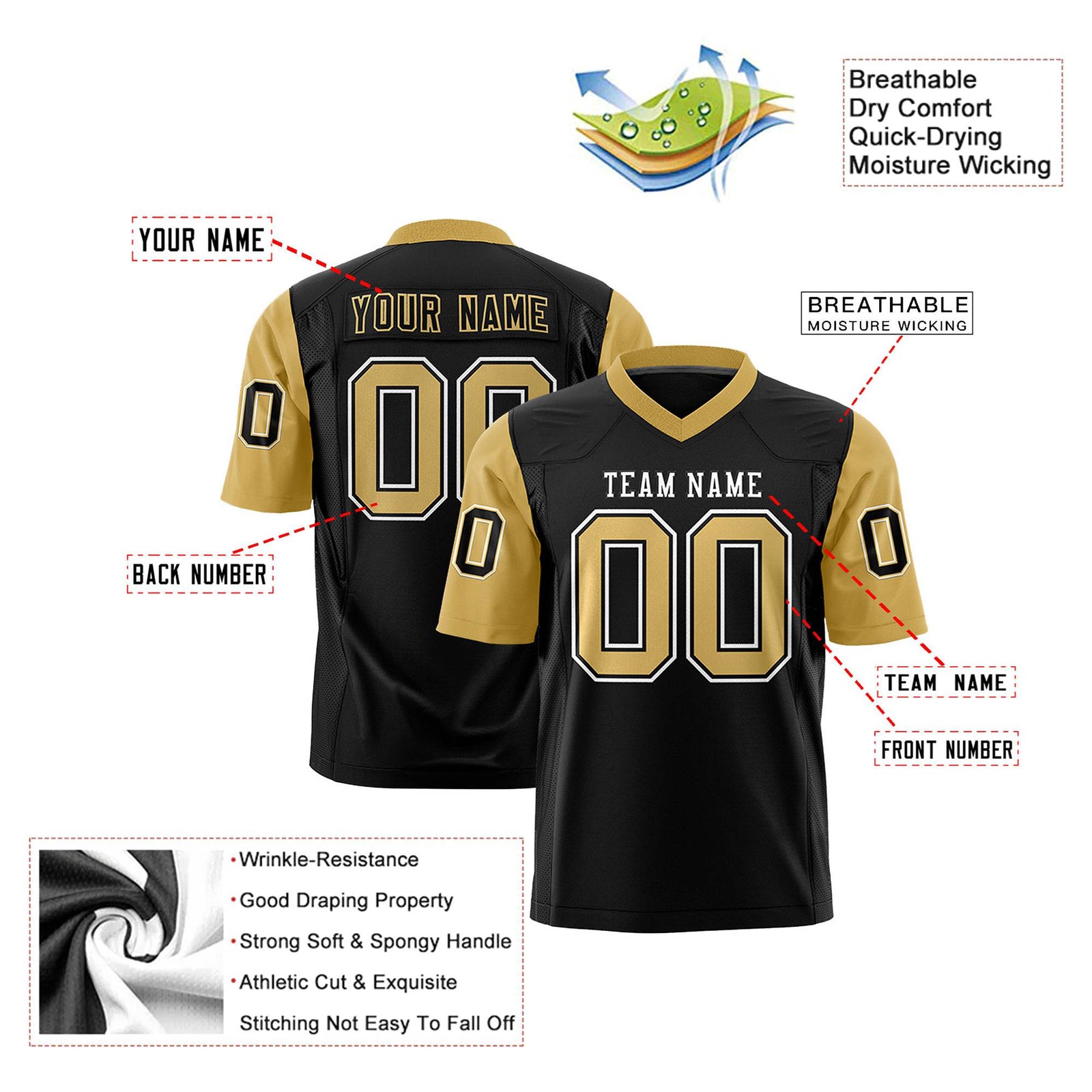 Custom Black Old Gold Mesh Authentic Football Jersey